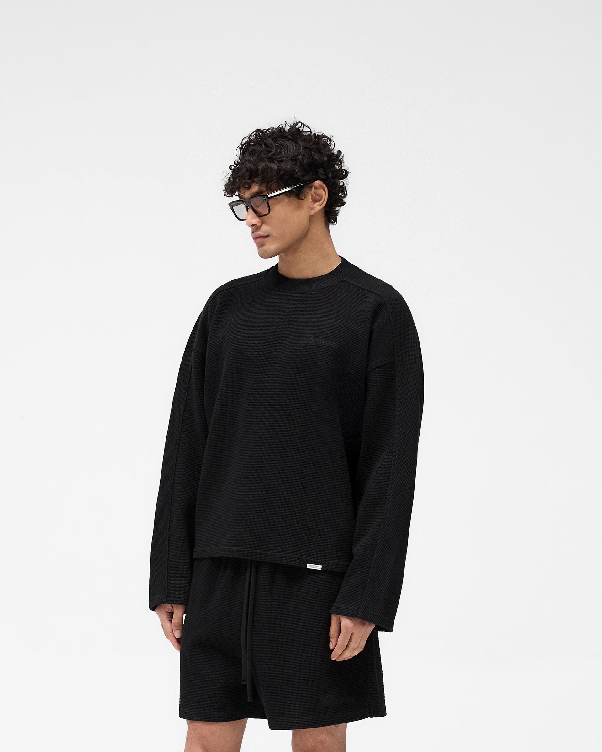 Waffle Long Sleeve T-Shirt for Men & Women - Soft Thermal Cotton Crewneck Top in Black | Perfect for Winter Layering, Casual Wear & Outdoor Activities