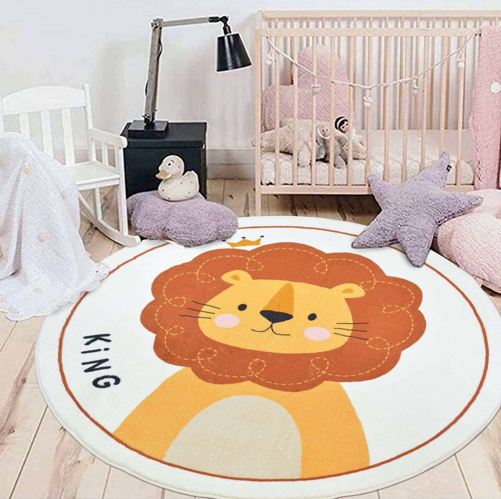 ABREEZE 4ft Faux Wool Kids Play Mat - Soft Plush Non-Slip Round Animal Rug for Nursery, Bedroom & Playroom | Lion Design Play Area Carpet for Toddlers & Children | Perfect for Floor Playtime, Learning Activities & Room Decor