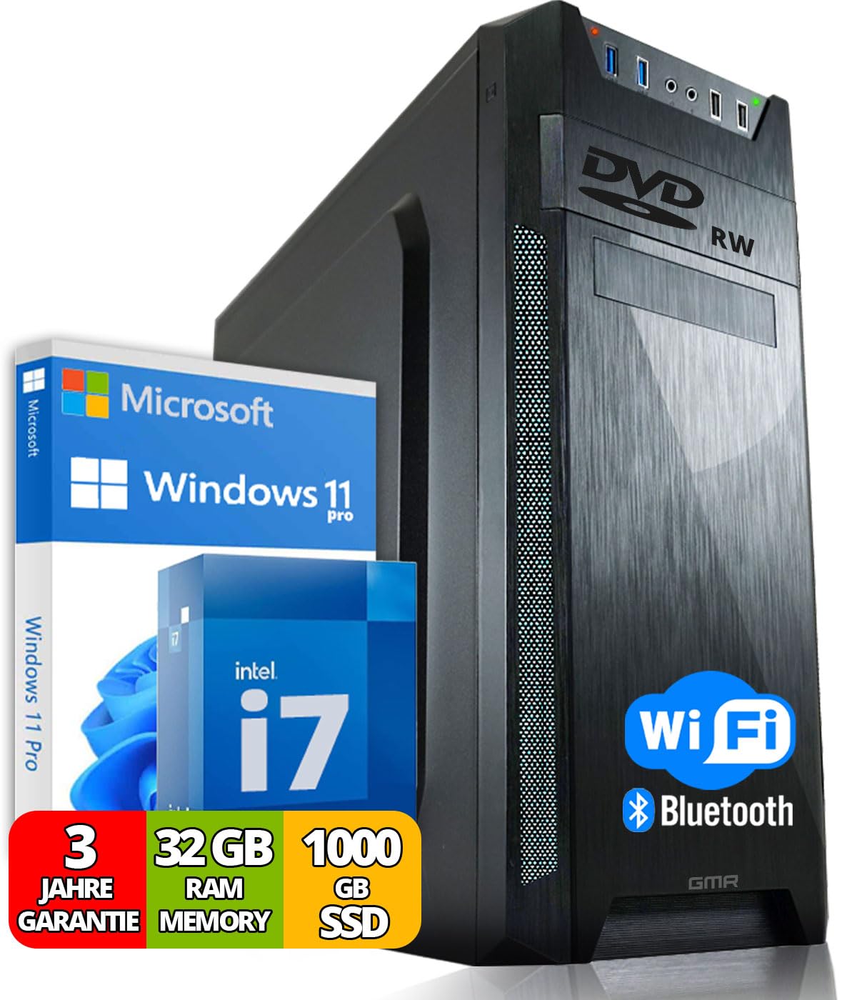 Ultra Fast Intel i7 Desktop PC - 32GB RAM, 512GB SSD, DVD+RW, USB 3.0, WiFi 600, Bluetooth 5, Windows 11 Pro - Powerful Computer for Office & Home Office Work, Gaming, Video Editing & Multitasking