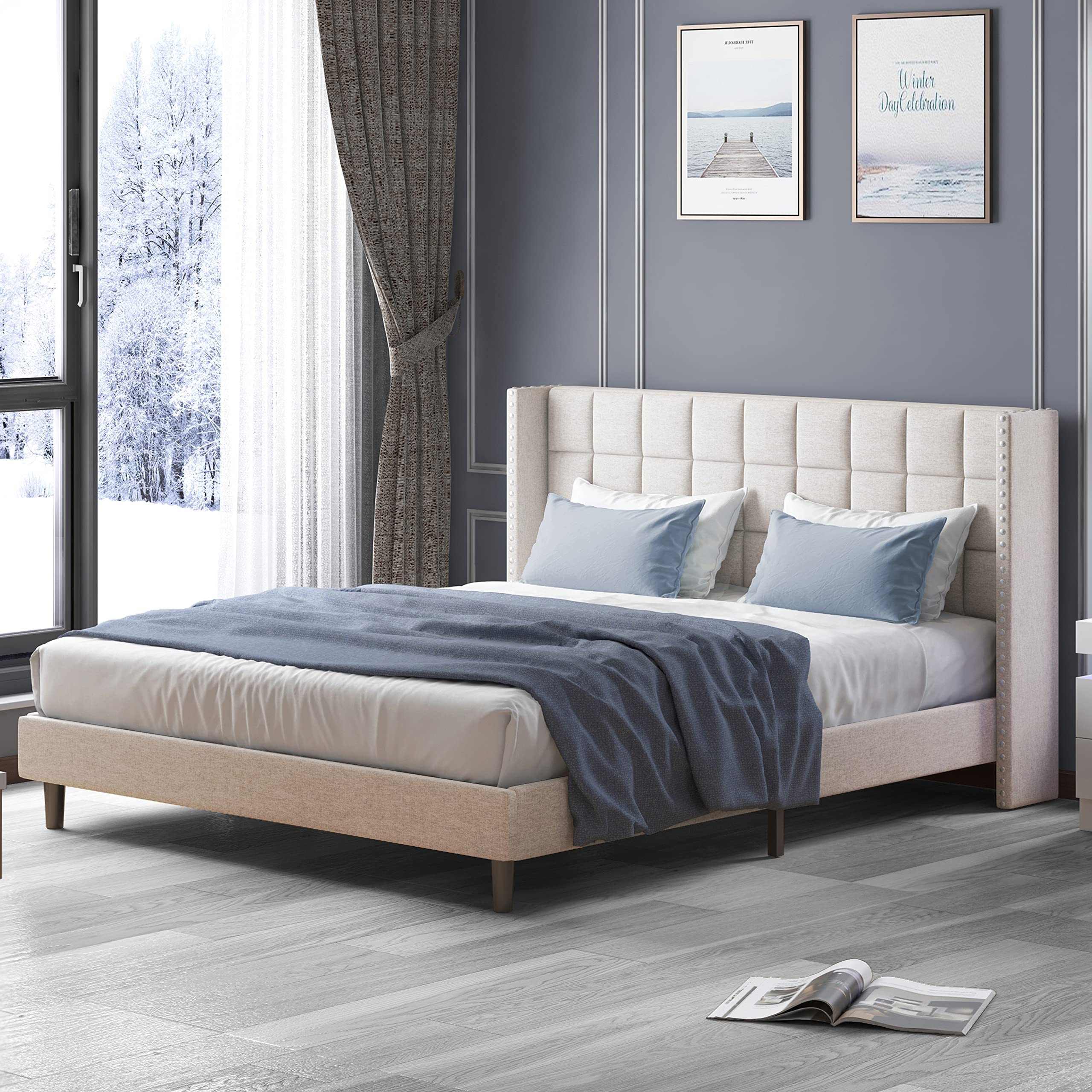 MJkone Full Size Upholstered Platform Bed Frame with Wingback Headboard - Modern Low Profile Wood Slat Support, No Box Spring Required, Easy Assembly (Full, Beige) - Perfect for Master Bedrooms, Guest Rooms & Small Spaces