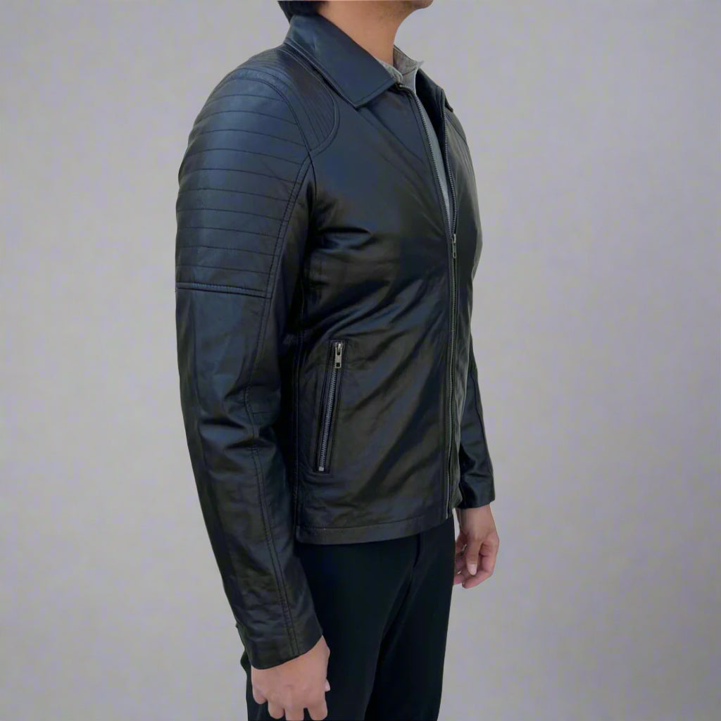 Men's Classic Quilted Shoulder Sheep Leather Jacket with 2 Pockets - Warm Winter Outerwear for Casual & Motorcycle Riding