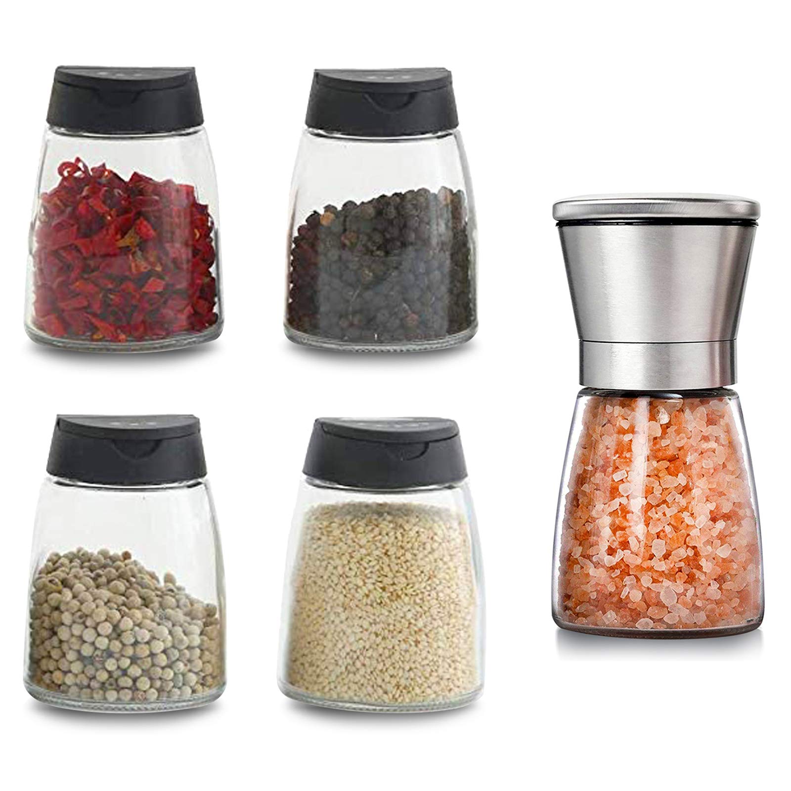 Premium Glass Spice Jars with Double Lids - 4 Pack Seasoning Shakers & 1 Spice Grinder Set - Airtight BBQ Salt & Pepper Shaker Containers for Kitchen, Pantry Organization & Cooking Essentials