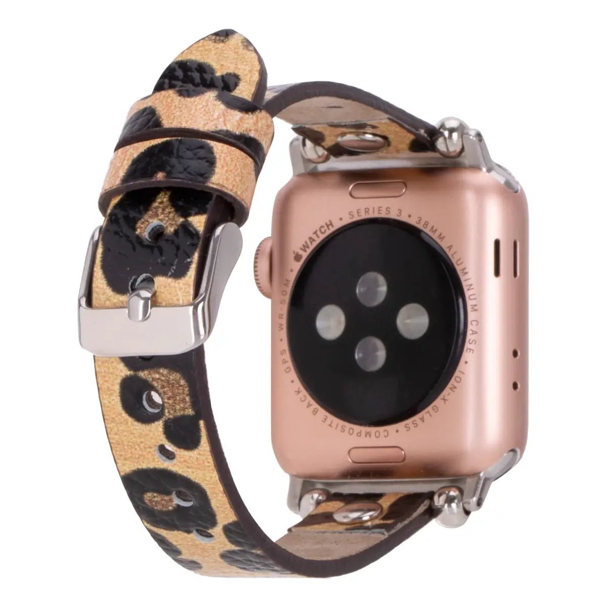 Leopard Print Genuine Leather Ultra Slim Apple Watch Band with Silver Rivets - Stylish & Durable Replacement Strap for Workouts, Office & Everyday Wear