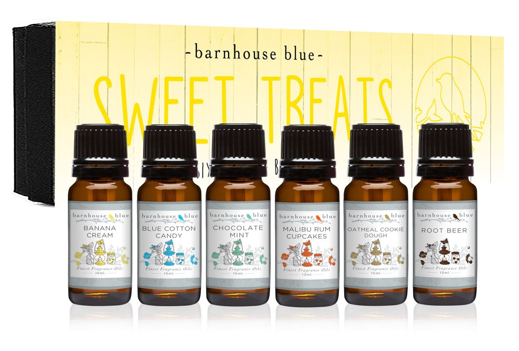 Premium Barnhouse Blue Sweet Treats Set of 6 Fragrance Oils (10ML) - Banana Cream, Blue Cotton Candy, Chocolate Mint, Malibu Rum Cupcakes, Oatmeal Cookie Dough & Root Beer Scents - Perfect for Candles, Soaps, Diffusers & DIY Home Fragrance Projects
