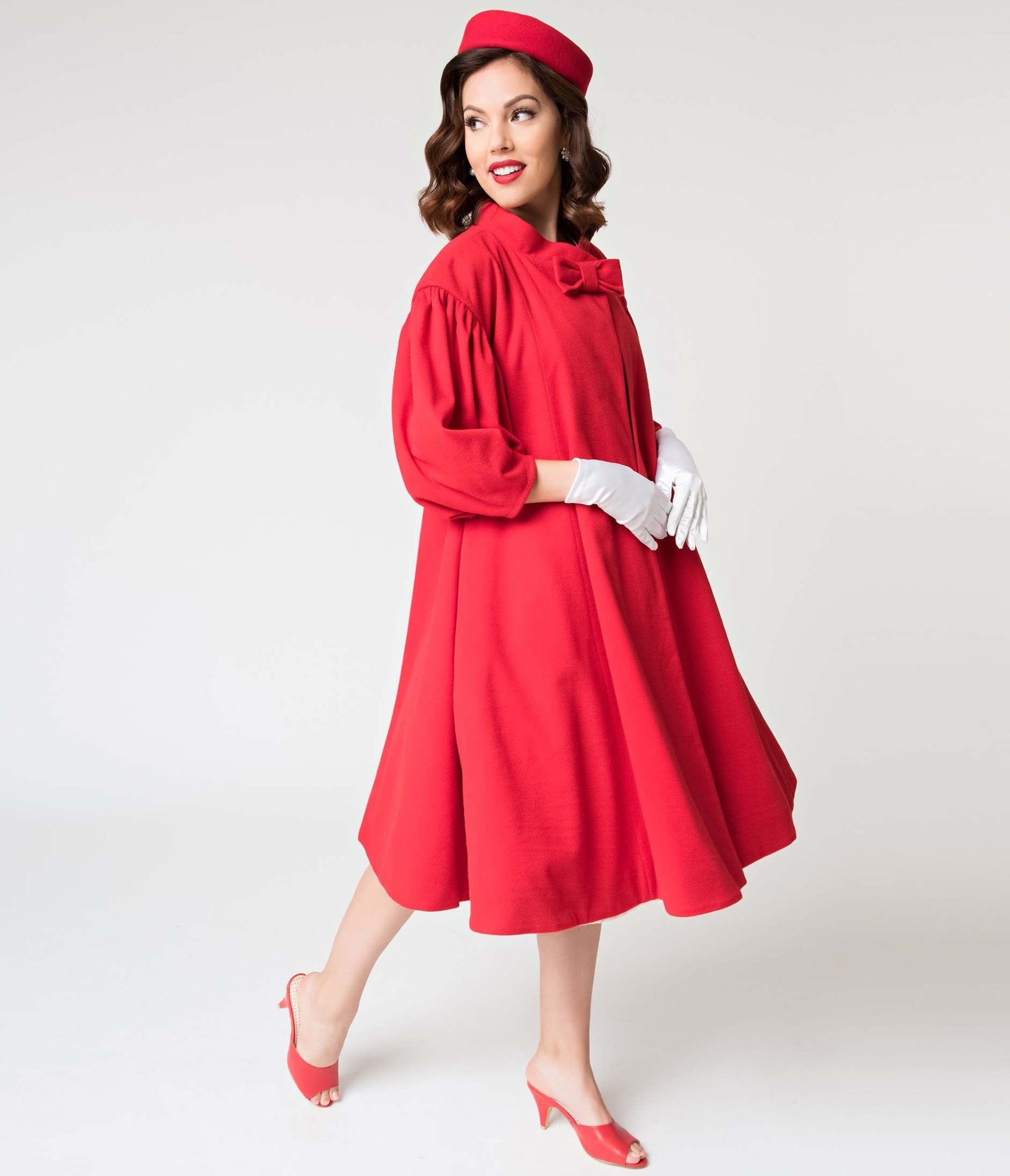 Vintage 1960s Style Red Flare Swing Coat - Barbie™ x Unique Vintage Collection | Retro Fashion Outerwear for Women, Parties & Special Occasions