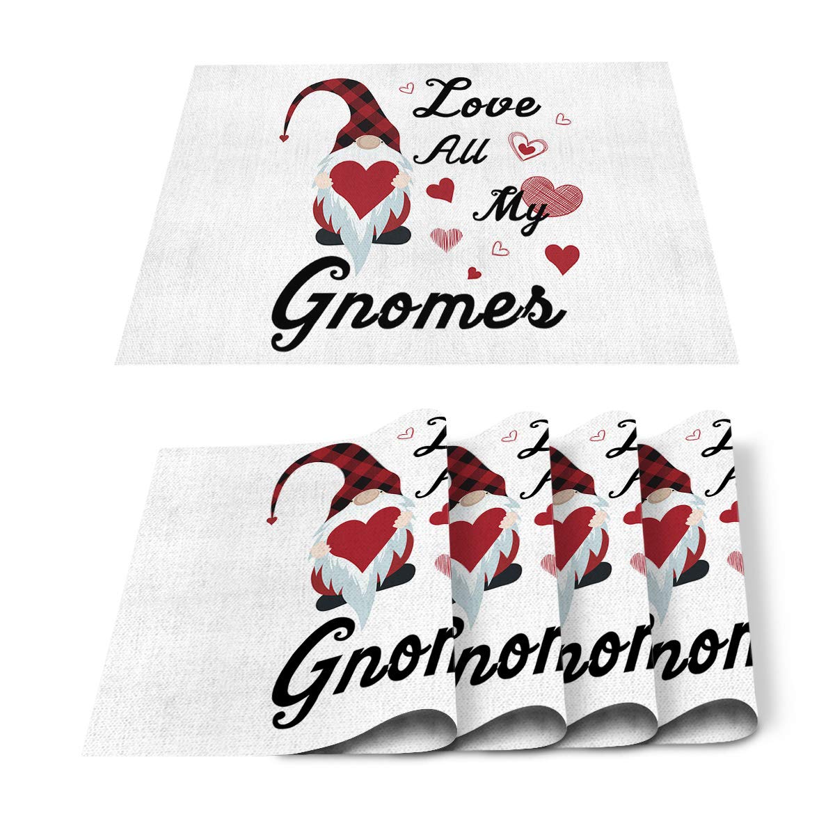 Valentine's Day Placemats Set of 4 - Love Gnomes Themed Heart Red Buffalo Check Plaid Table Mats | Stain Resistant, Heat Insulated, Non-Slip & Washable | Perfect for Kitchen Dining Table Decor, Romantic Dinners & Holiday Gatherings