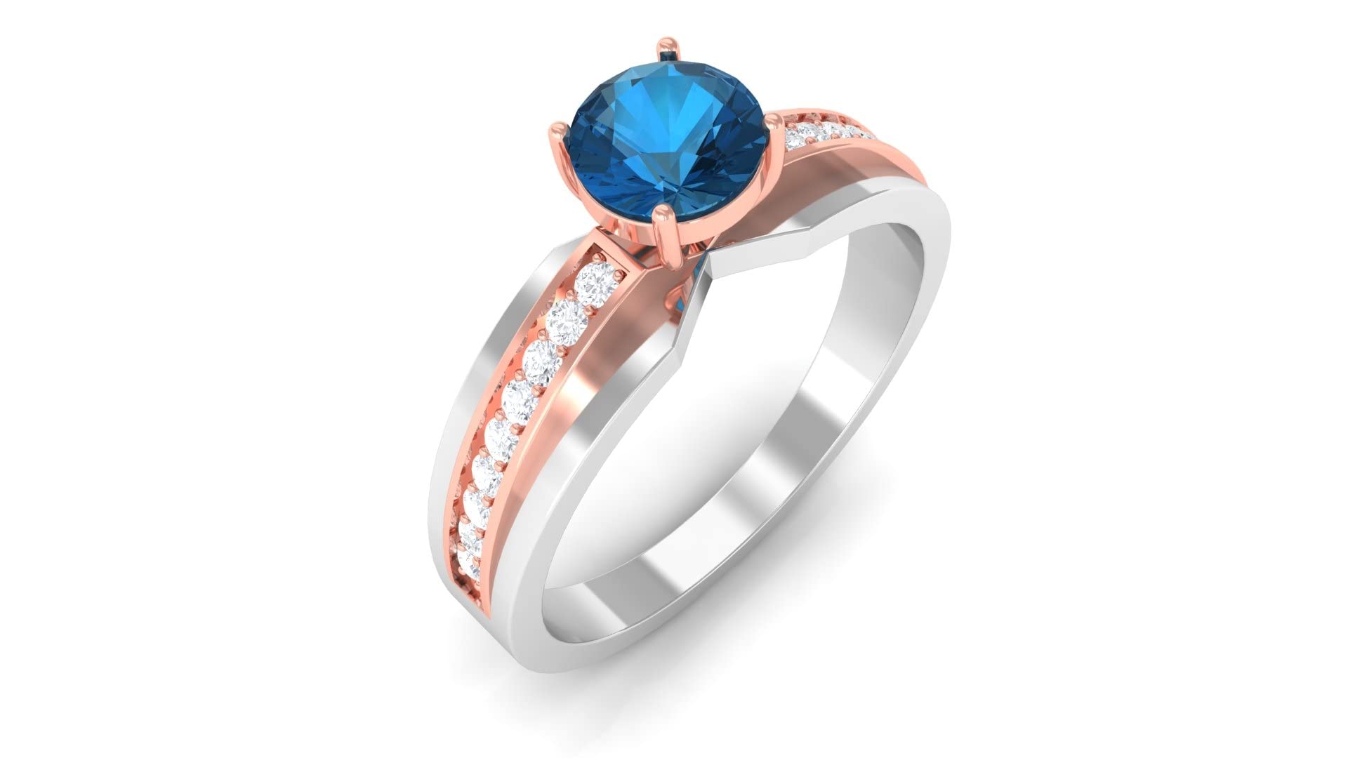 3/4 Carat London Blue Topaz Solitaire Ring with Diamond Accents in 14K Solid Gold – AAA Quality, Two-Tone Elegance for Engagement, Anniversary & Special Occasions