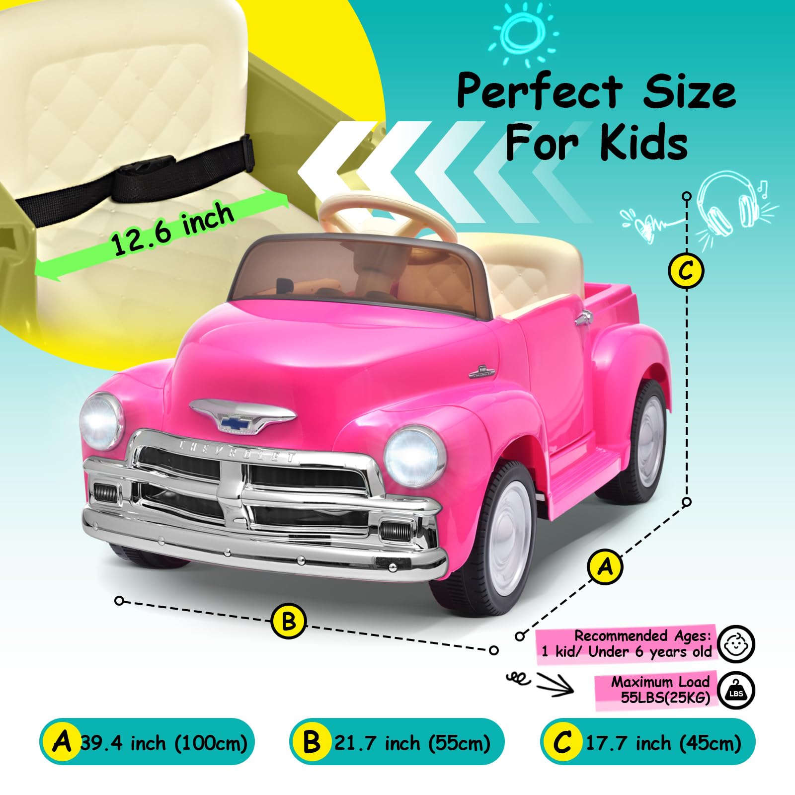 Joywhale 12V Kids Ride on Car - Licensed Chevrolet 3100 Pickup Electric Toy Vehicle with 7AH Battery, 2.4G Remote Control, 3 Speed Modes, Music & Storage | Retro Style Pink Battery-Powered Motorized Car for Boys & Girls | Perfect for Birthday Gifts, Outdoor Play & Backyard Fun