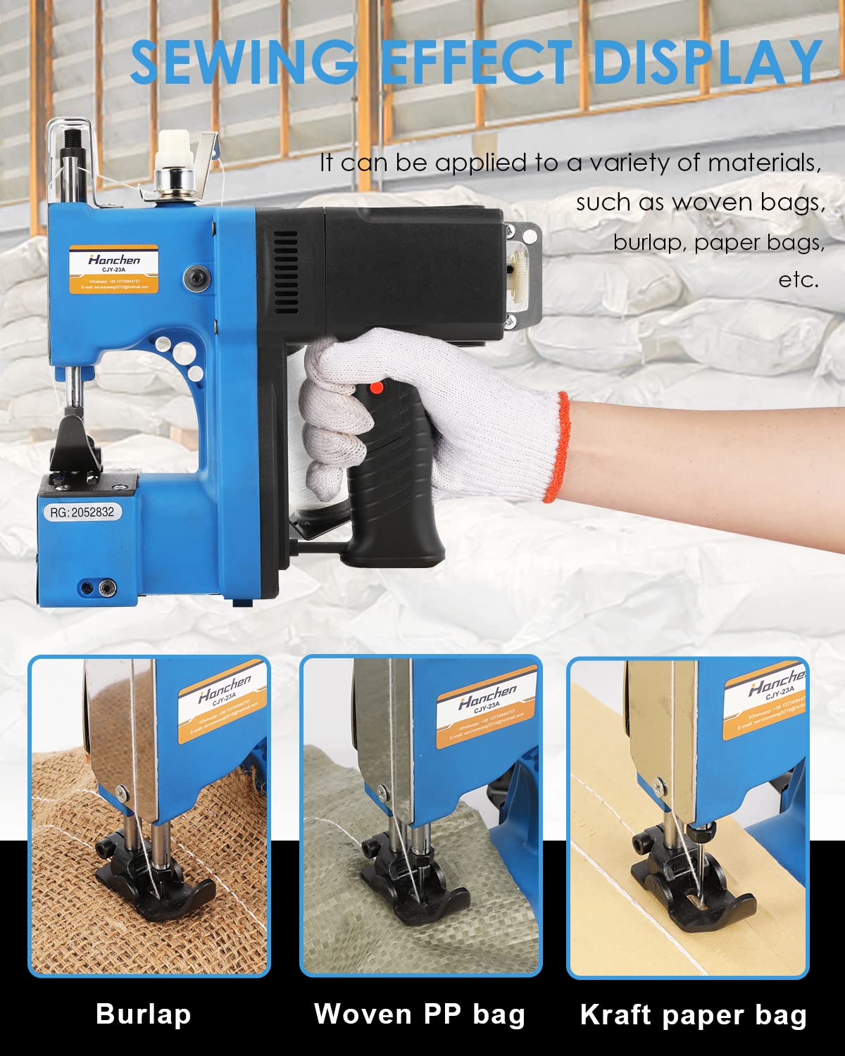 Hanchen Mini Electric Bag Closing Machine - 2.9KG Portable Bag Sewing Machine for Burlap, PP Woven & Kraft Paper Bags - Automatic Packing Machine with CE Certification (220V) - Perfect for Packaging Grains, Seeds, Coffee Beans & Agricultural Products