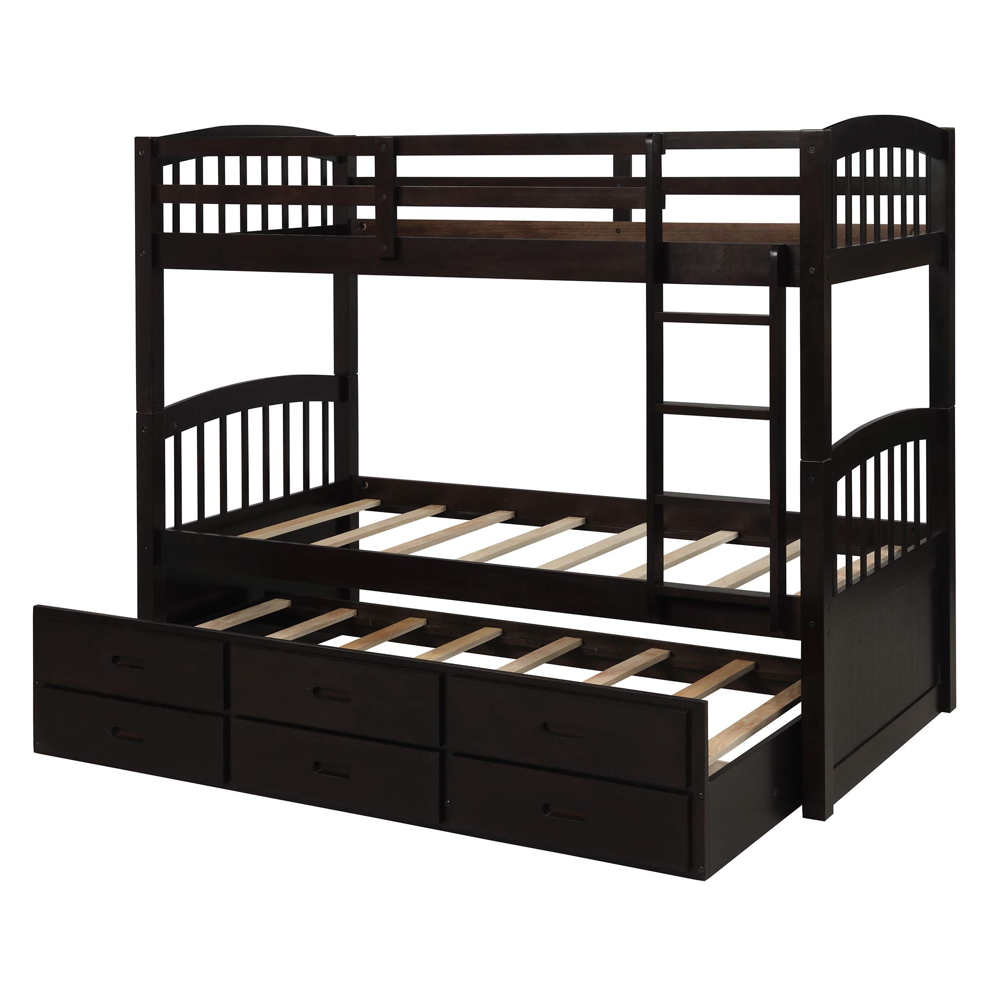 Solid Wood Twin Over Twin Bunk Bed for Kids with Trundle, Storage Drawers & Safety Guardrails - No Box Spring Needed (Espresso + Pine) - Perfect for Small Bedrooms, Guest Rooms & Vacation Homes
