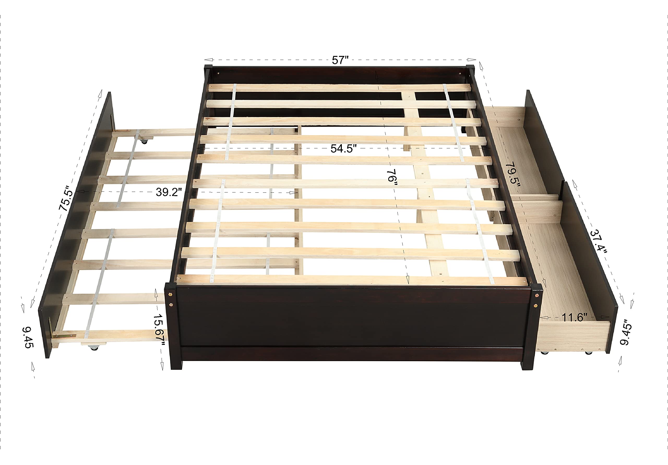 HomSof Full Bed with Twin Trundle & 2 Drawers - Convertible to 2 Platform Beds, Espresso Finish, 79.52