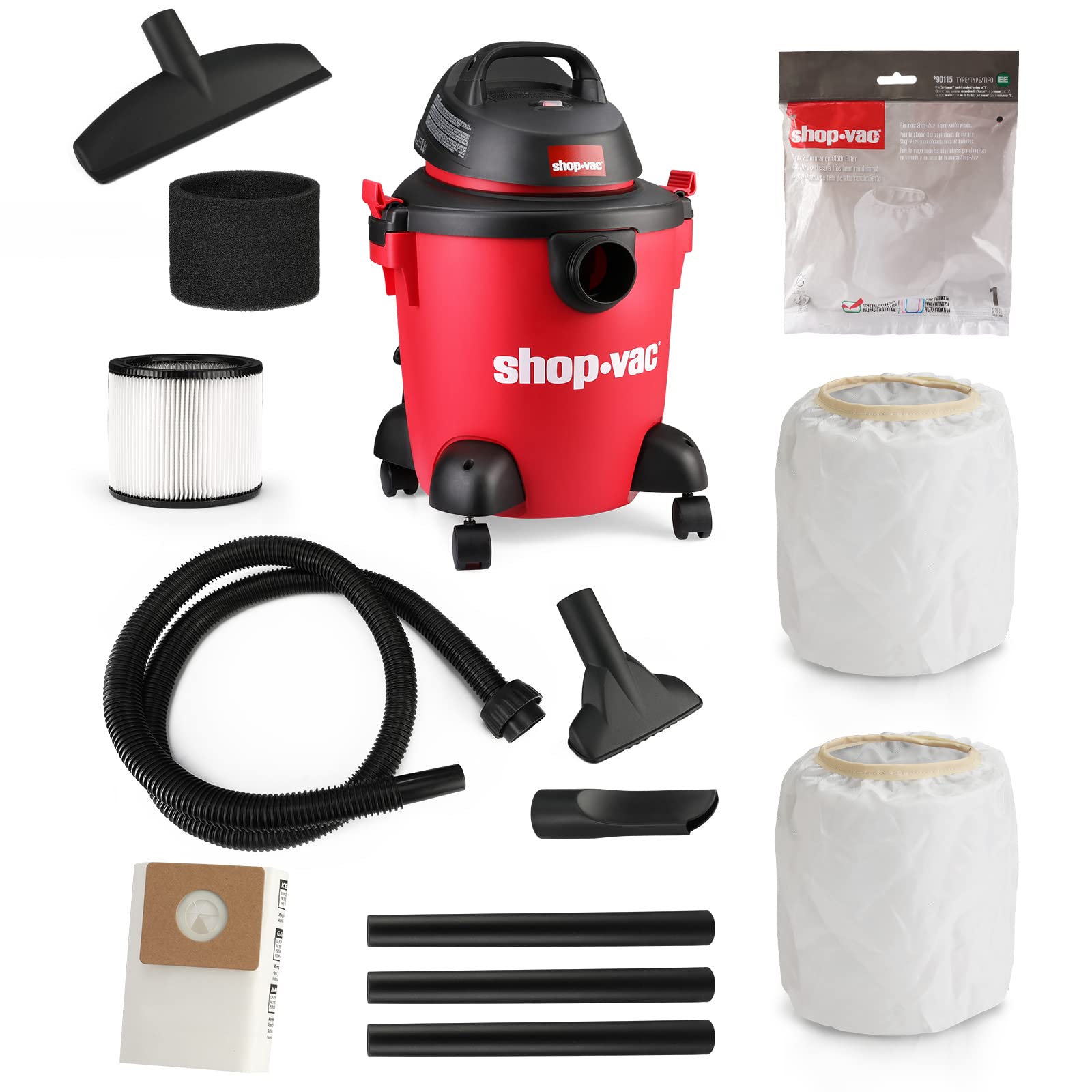 Shop-Vac 5 Gallon 2.0 Peak HP Wet/Dry Vacuum with 2-Pack Dacron Cloth Filters (5971536 + 90115) - Ideal for Home Cleaning, Workshop, and Garage Use