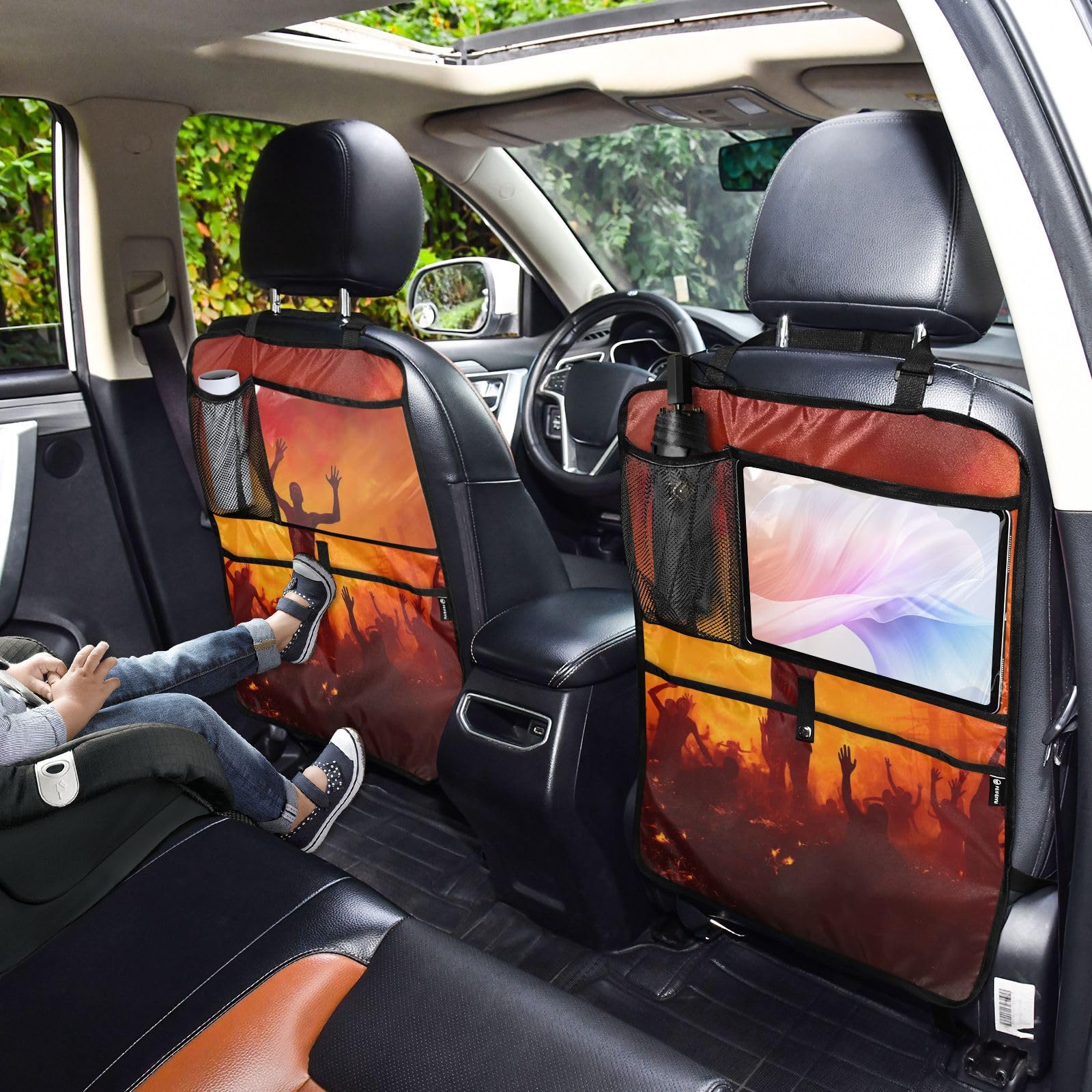 Halloween Zombies 2-Pack Car Back Seat Kick Mats - Premium Child Seat Protector with 3 Storage Pockets for Kids - Durable Kick Guard for Child Feet - Fits Most Trucks, SUVs and Vehicles (Perfect for Road Trips & Family Travel)