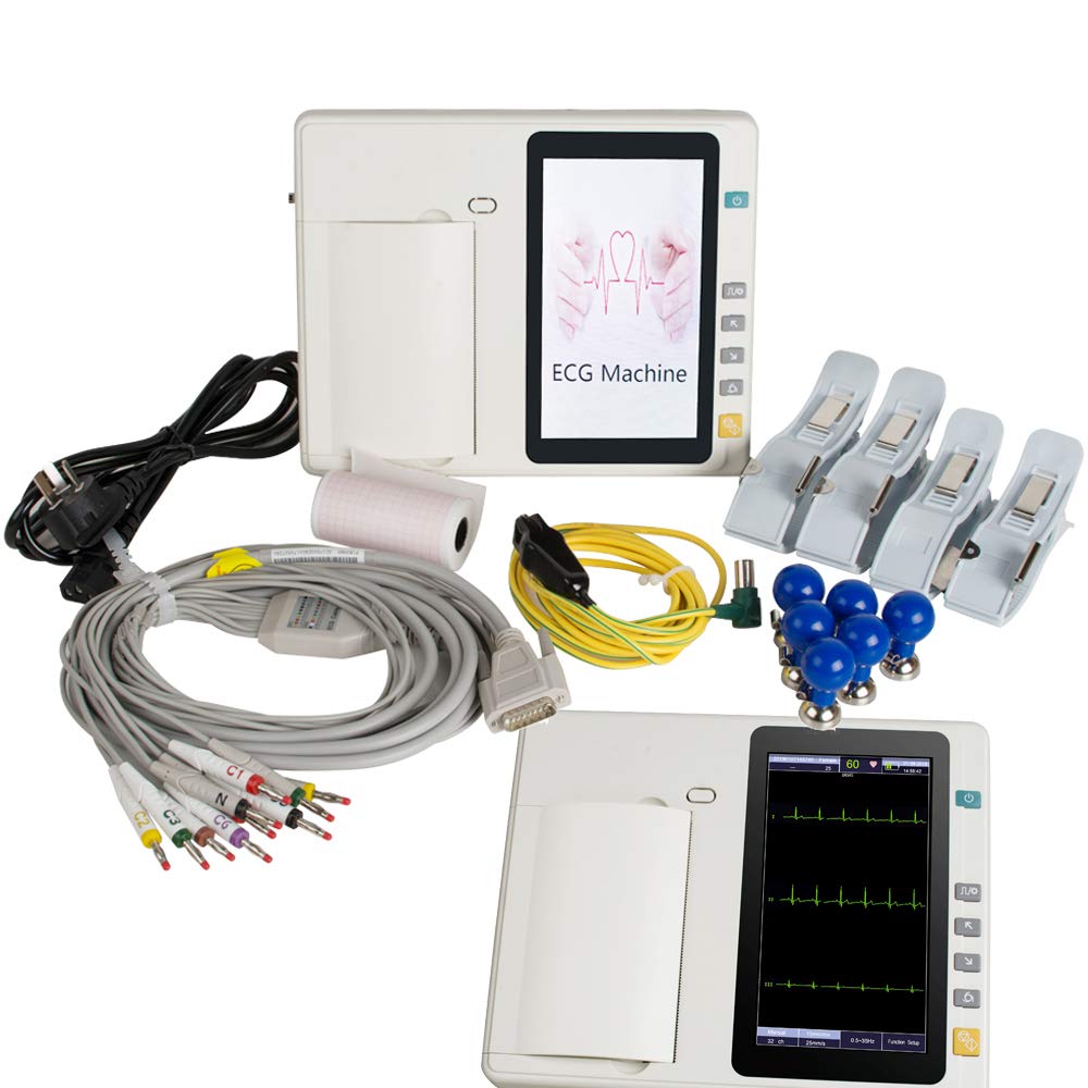 Fencia Portable 12 Lead 3 Channel ECG Machine with Interpretation - 7 Inch LCD Touch Screen Digital Monitor with Printer & Rechargeable Battery - Fast US Shipping - Ideal for Home Use, Clinics & Emergency Medical Services