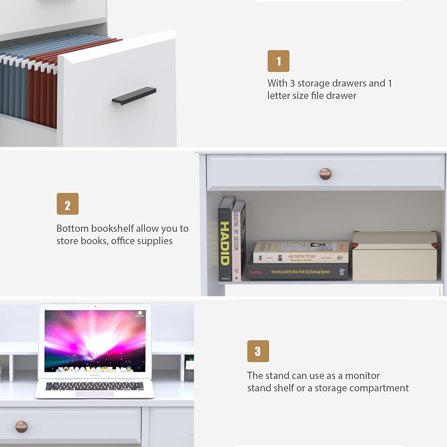 44 Inch White Computer Desk with Storage Drawers & Hutch - Home Office Desk with 4 Drawers, Monitor Stand & Writing Table for Small Spaces - Perfect for Bedroom Study, Gaming & Work from Home Setup