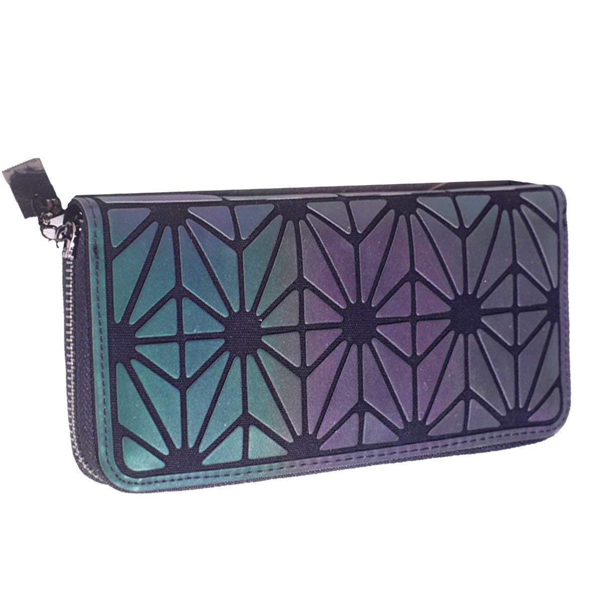 Women's Holographic Reflective Geometric Lattice Clutch Wallet - Slim Zipper Coin Purse with Luminous Effect | Perfect for Night Out, Parties, Concerts & Evening Events