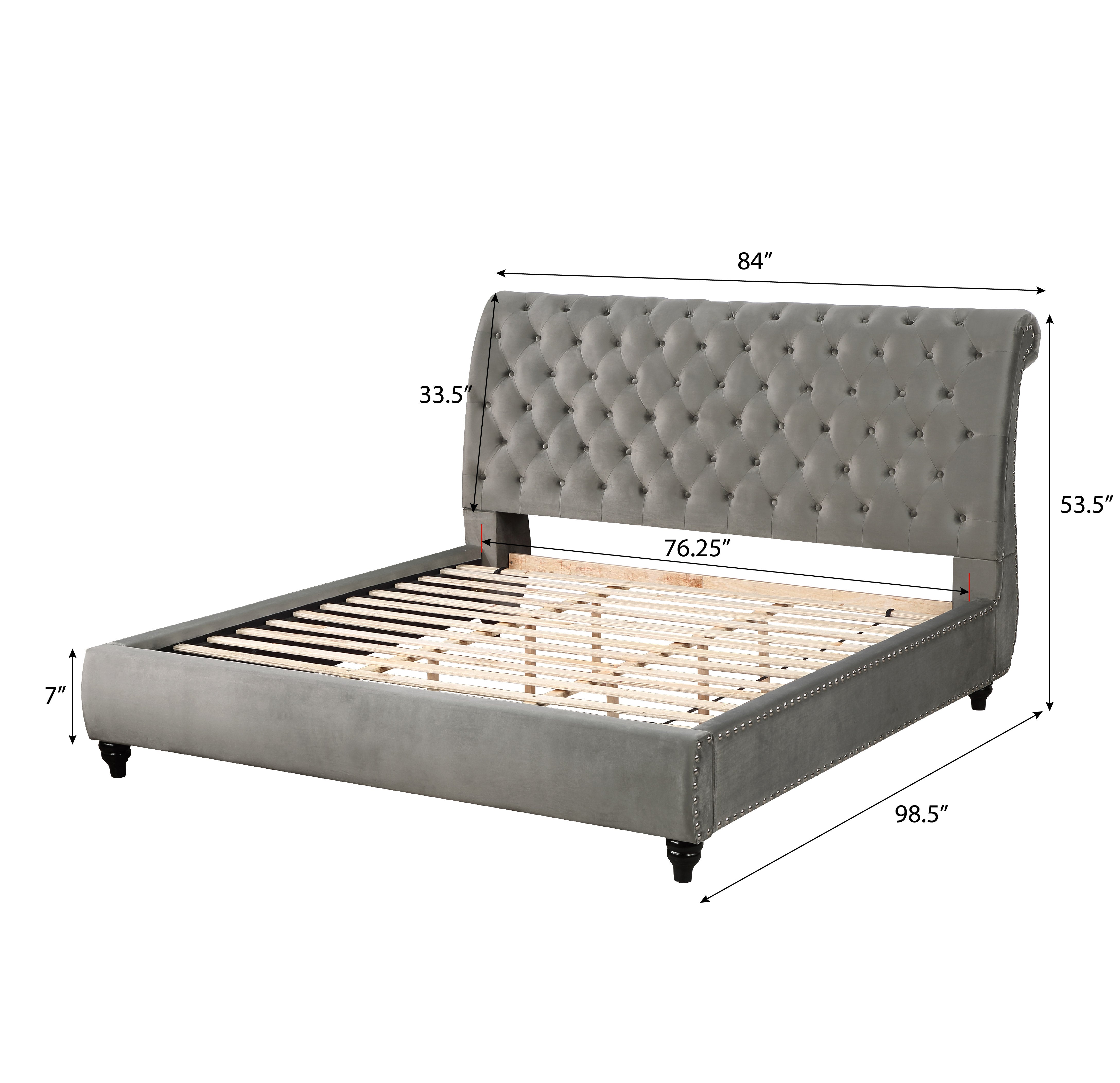 Roundhill Furniture Cerderia Velvet Upholstered Button Tufted Nailhead Trim Sleigh Bed Frame - Queen Size Gray Velvet Bed for Luxurious Bedroom Decor | Perfect for Master Bedrooms, Guest Rooms & Cozy Home Retreats