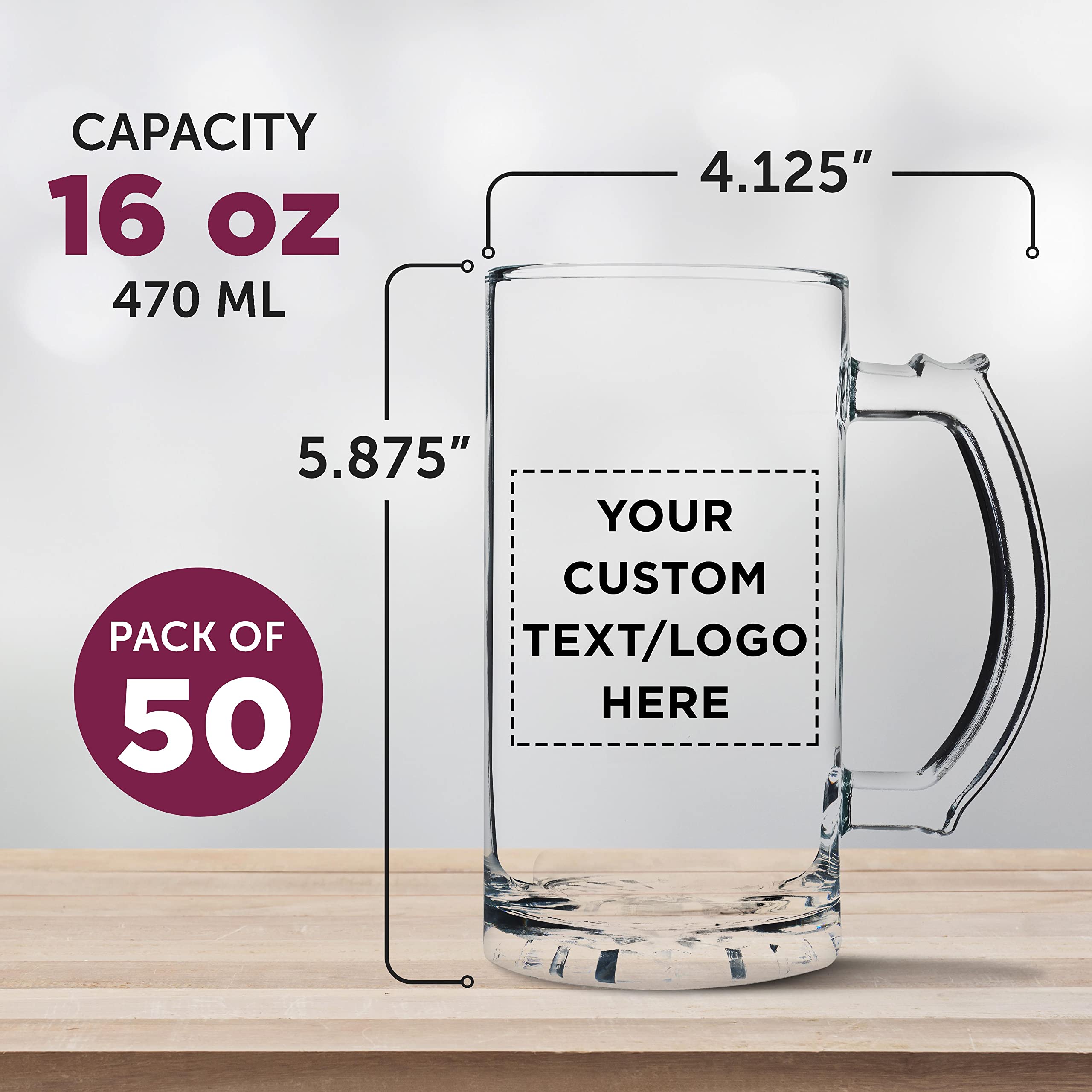 Custom Engraved 16 oz Glass Beer Mugs Bulk Set of 50 - Personalized Barware for Wedding Favors, Groomsmen Gifts & Birthday Parties - Clear Pint Glasses for Home Bars, Pubs & Restaurants