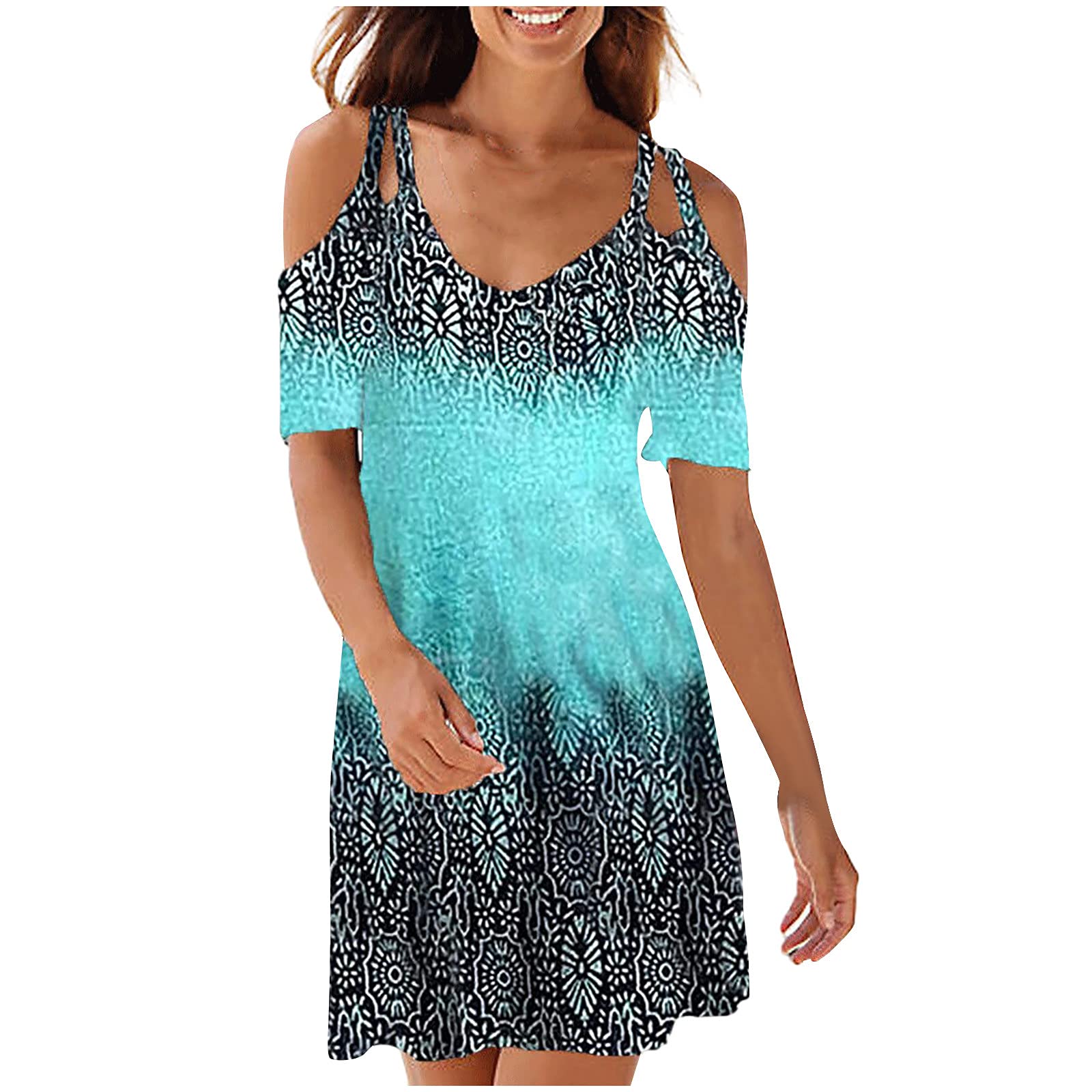 SHOPESSA Women's Off The Shoulder Floral Print Summer Dress - Boho Chic Tie Dye Midi Dress, Loose T-Shirt Dress with Elastic Waist for Beach, Vacation & Casual Wear