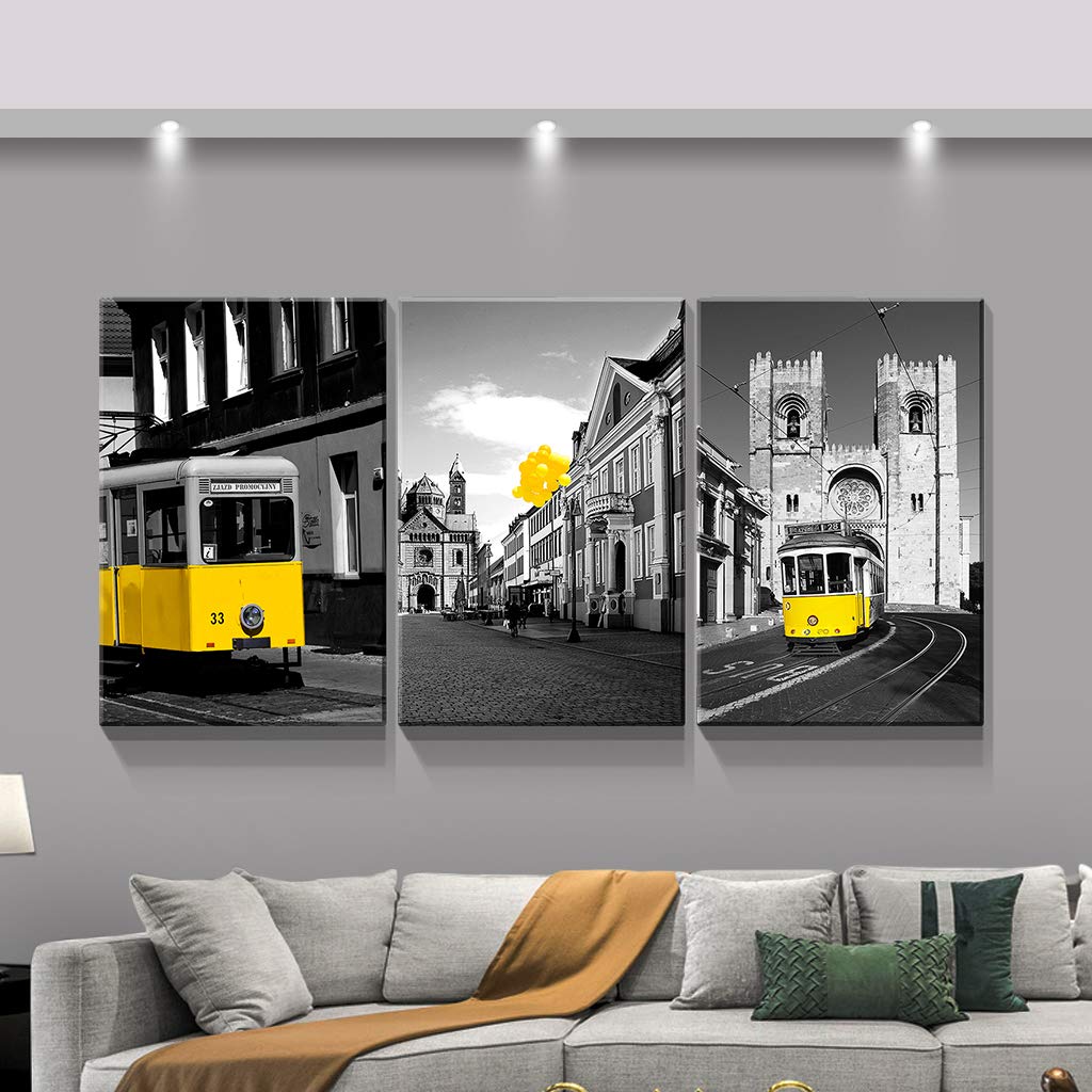 Denozer - 3 Panel Modern Black and White Urban Canvas Wall Art - Stretched & Framed Ready to Hang - 16x24 Inches - Home Decor for Living Room, Bedroom & Office
