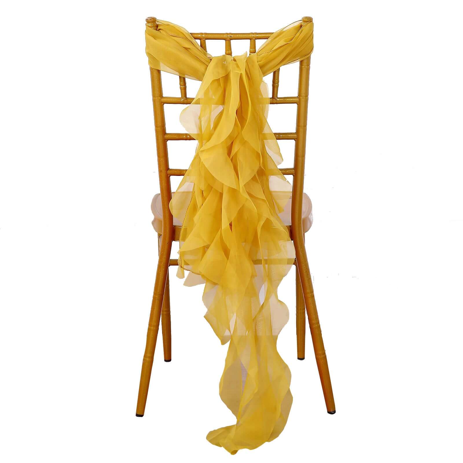 1 Set Mustard Yellow Chiffon Hoods Chair Sashes with Willow Ruffles Design - Elegant Wedding, Party, and Banquet Chair Bow Decor for Stylish Events