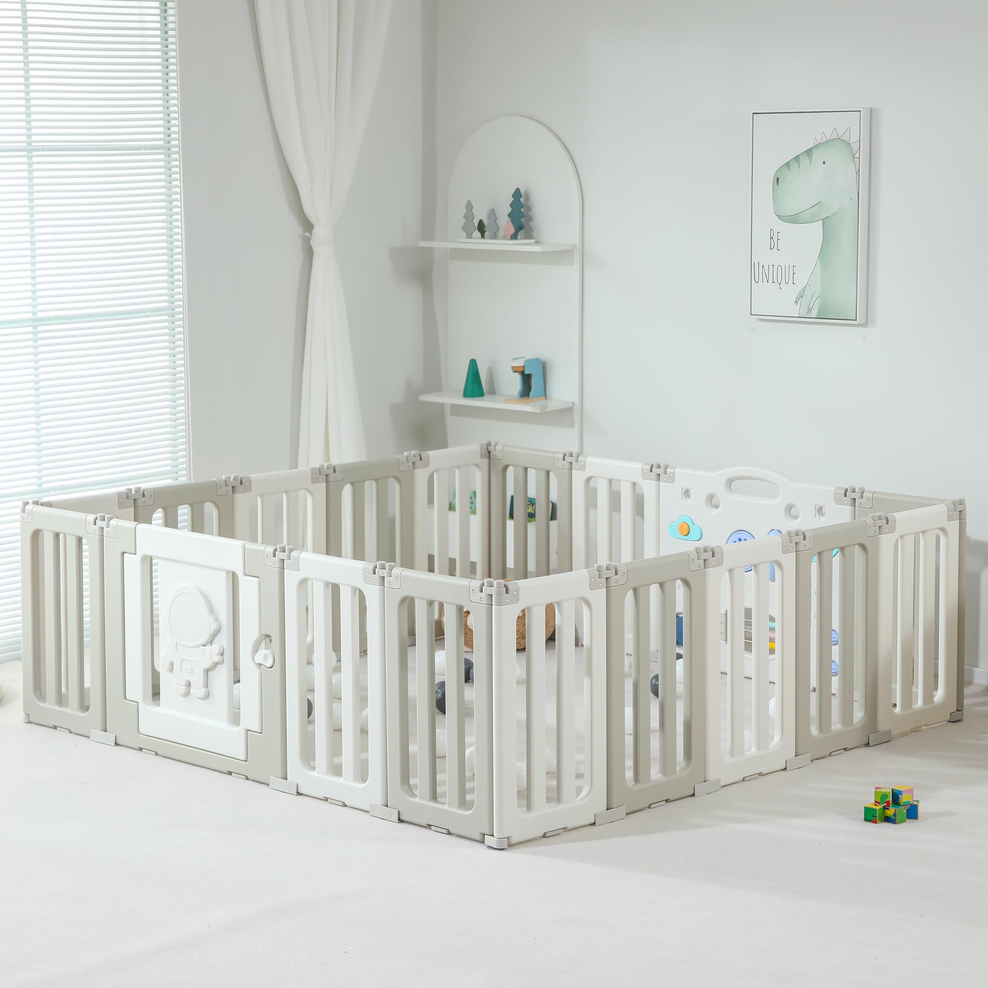 Extra Large Baby Play Pen - 18 Panels Foldable Playpen for Babies & Toddlers | Adjustable Portable Play Yard & Safety Fence | Grey Astronaut-Themed Baby Gate | Perfect for Indoor Playrooms, Daycare Centers & Home Safety