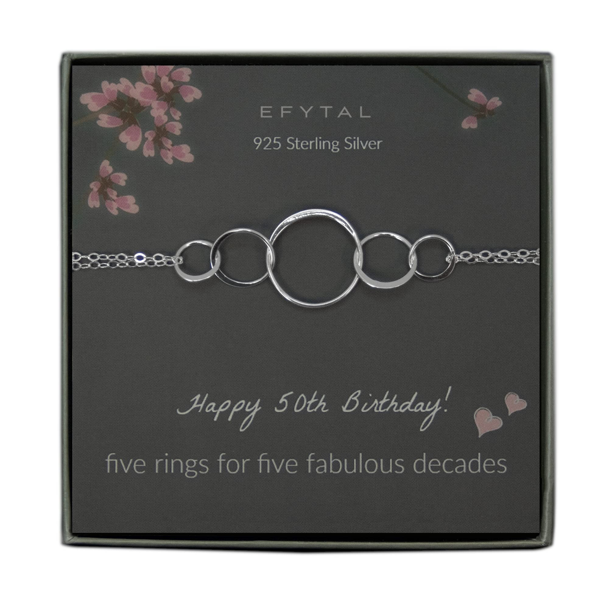 EFYTAL 50th Birthday Gifts for Women - 925 Sterling Silver 5 Circle Ring Bracelet, Elegant Jewelry for Sister, Mom, Wife - Perfect 50 Year Old Birthday Present for Parties, Anniversaries & Special Occasions