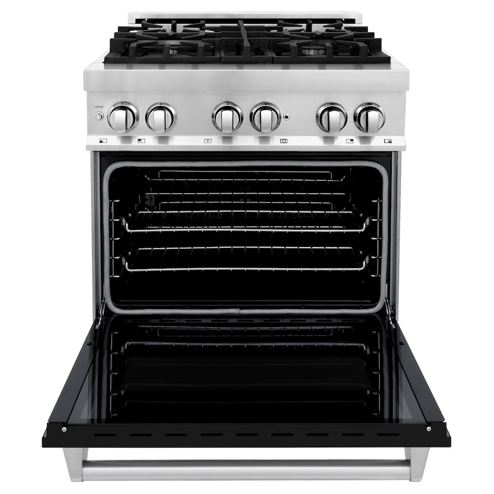 ZLINE 30-Inch Professional Dual Fuel Range with Black Matte Door & Convertible Vent Hood - Stainless Steel Kitchen Package (2KP RABLMRH30) - Perfect for Home Chefs & Modern Kitchens