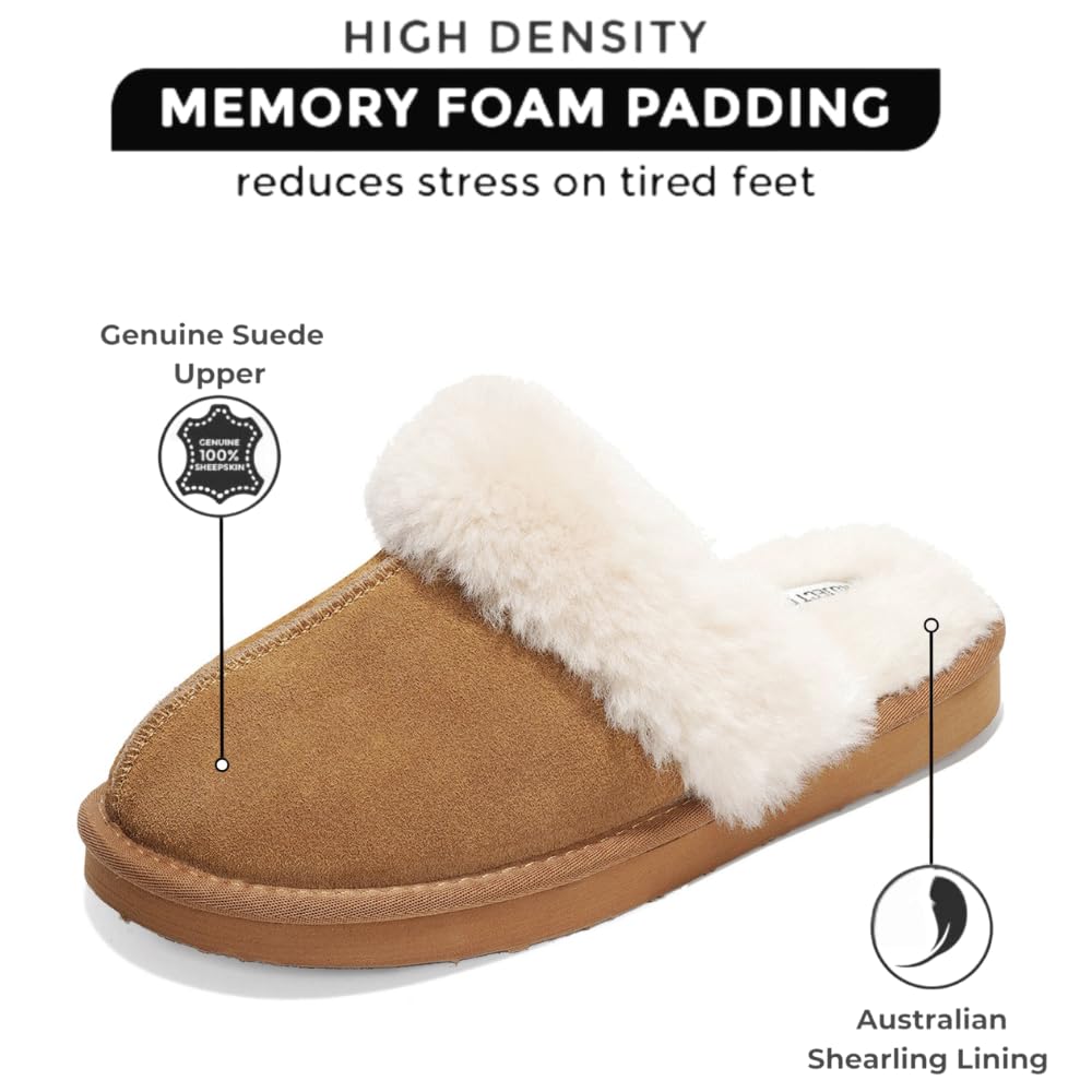 Women's Genuine Suede Shearling Slippers with Memory Foam Insole - Non-Slip Indoor/Outdoor Clogs for Comfort & Warmth - Perfect for Home, Office & Travel (Henka)