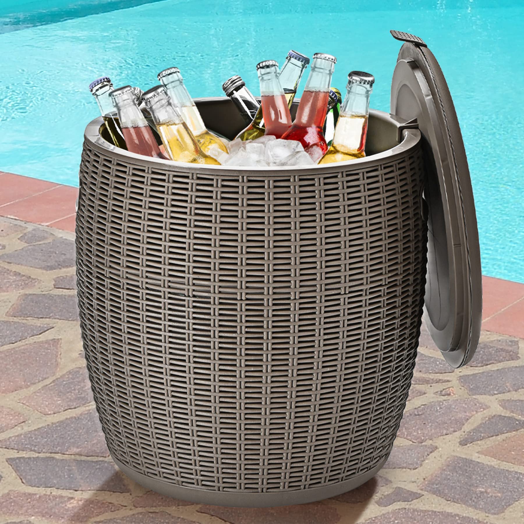 Tangkula 9.5 Gallon Outdoor Cooler Bar Table - Wicker Patio Ice Bucket Side Table with Lid & Handles - Perfect for Beer, Wine & Drinks - Ideal for Poolside, Deck, Backyard Parties & Outdoor Entertaining