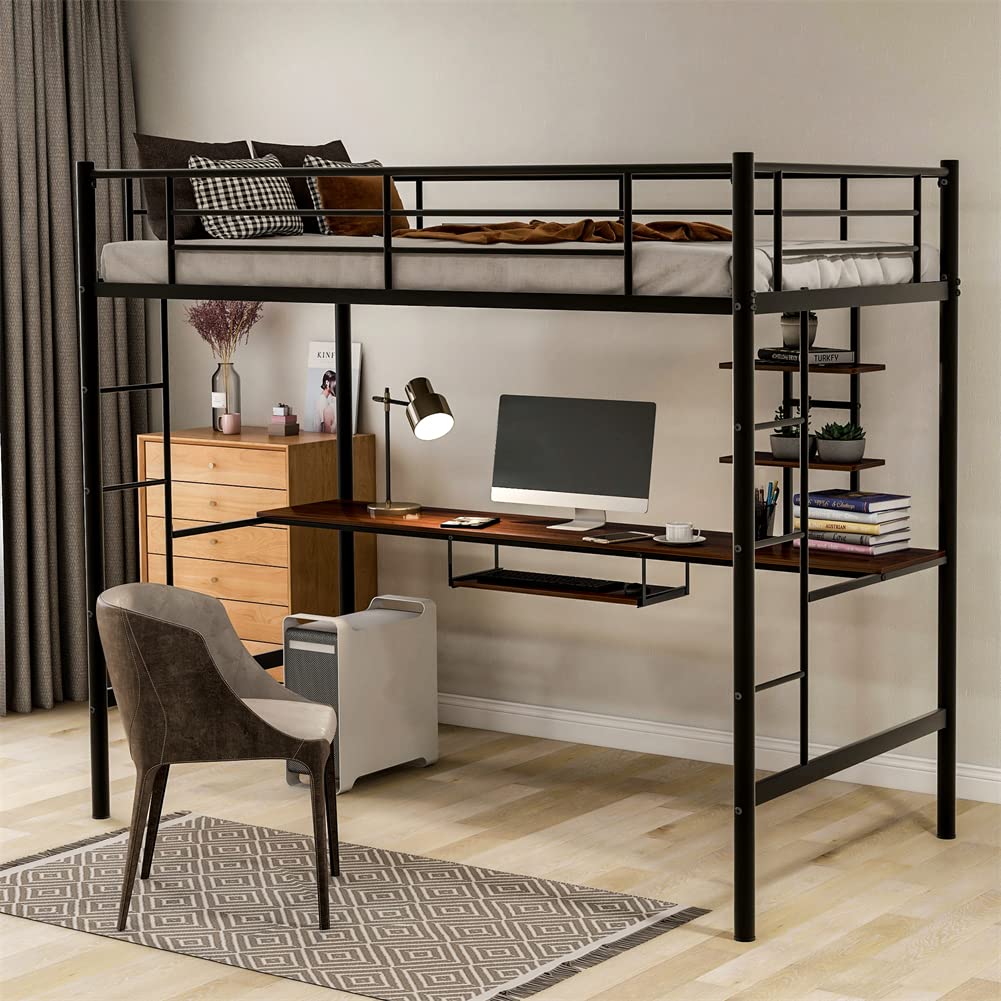 Twin Size Loft Bed Frame with MDF Desk & Storage Shelves - Metal Bedroom Furniture with Guardrails & Ladder - Space-Saving Workstation for Small Apartments, Dorms, Kids Rooms & Home Offices
