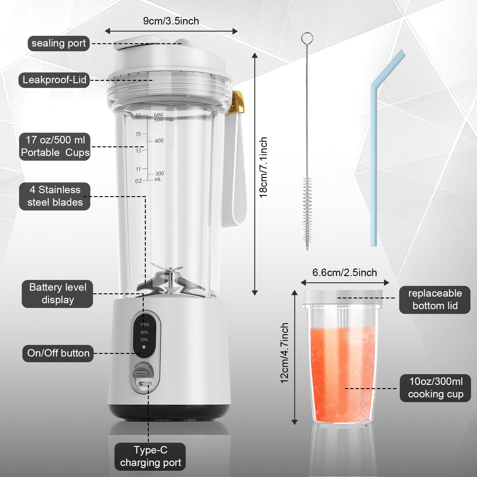 Portable USB-C Rechargeable Personal Blender - 17oz & 10oz Travel Smoothie Blender with 2 Cups, Straw, Brush & Lid - Quiet Cordless Mini Blender for Shakes, Protein Drinks & Meal Prep - Perfect for Gym, Office, Travel & Home Use