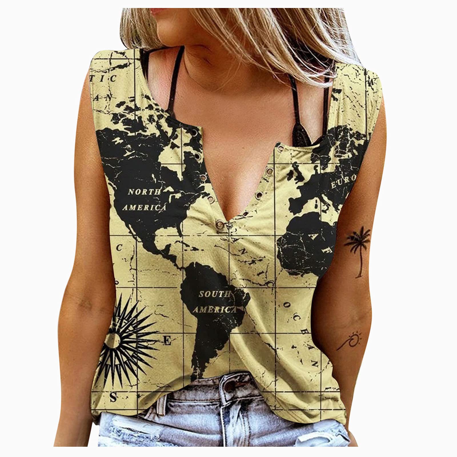 Women's Summer Sleeveless V-Neck Blouse - Loose Casual Printed Pullover Top (Yellow, Size S) - Perfect for Beach Outings, Weekend Brunch & Summer Vacations