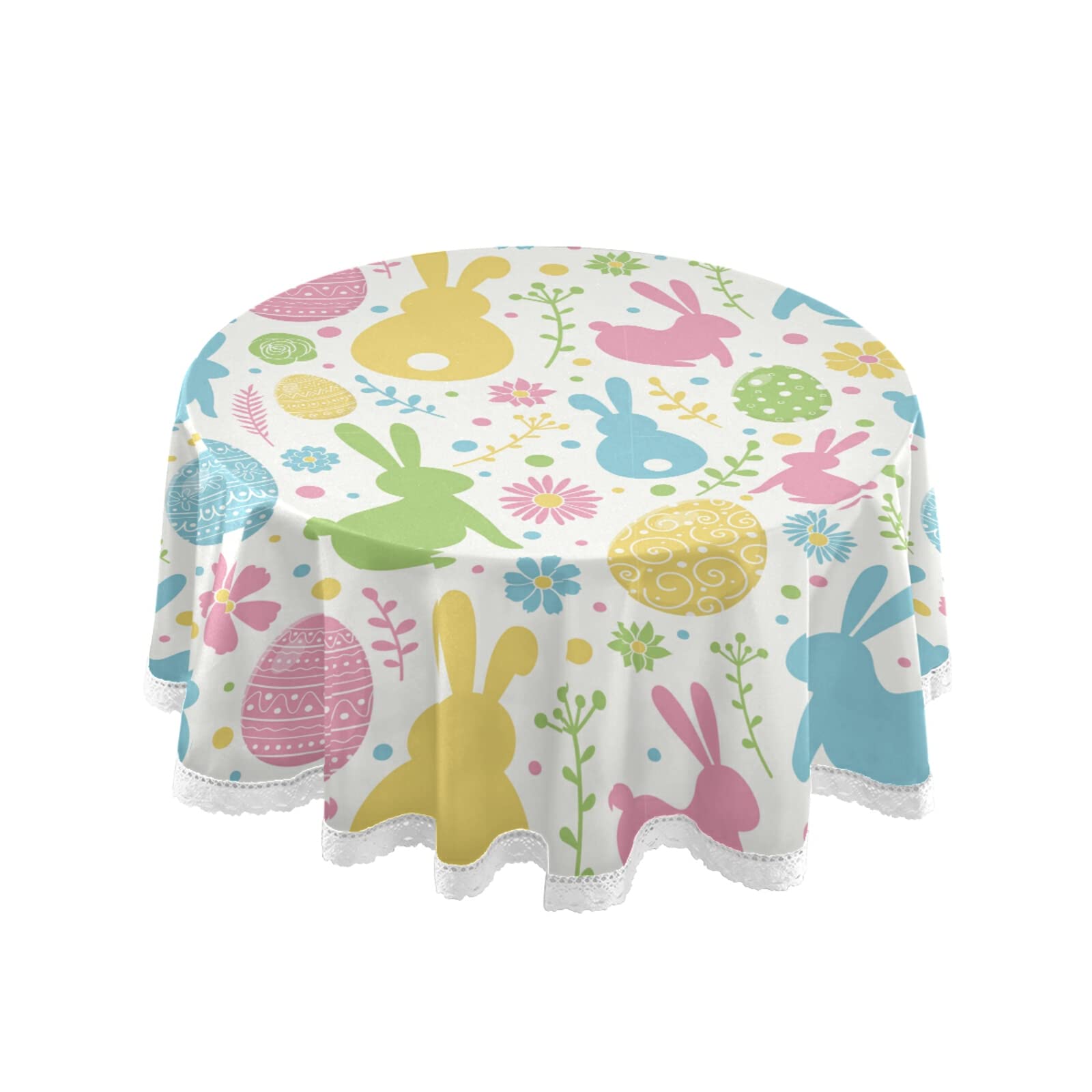 Kcldeci Easter Bunny Floral Round Tablecloth - 60 Inch Waterproof Washable Polyester Table Cover for Dining, Buffet & Outdoor - Spill-Proof Decorative Fabric for Easter Parties, Camping & Home Decor