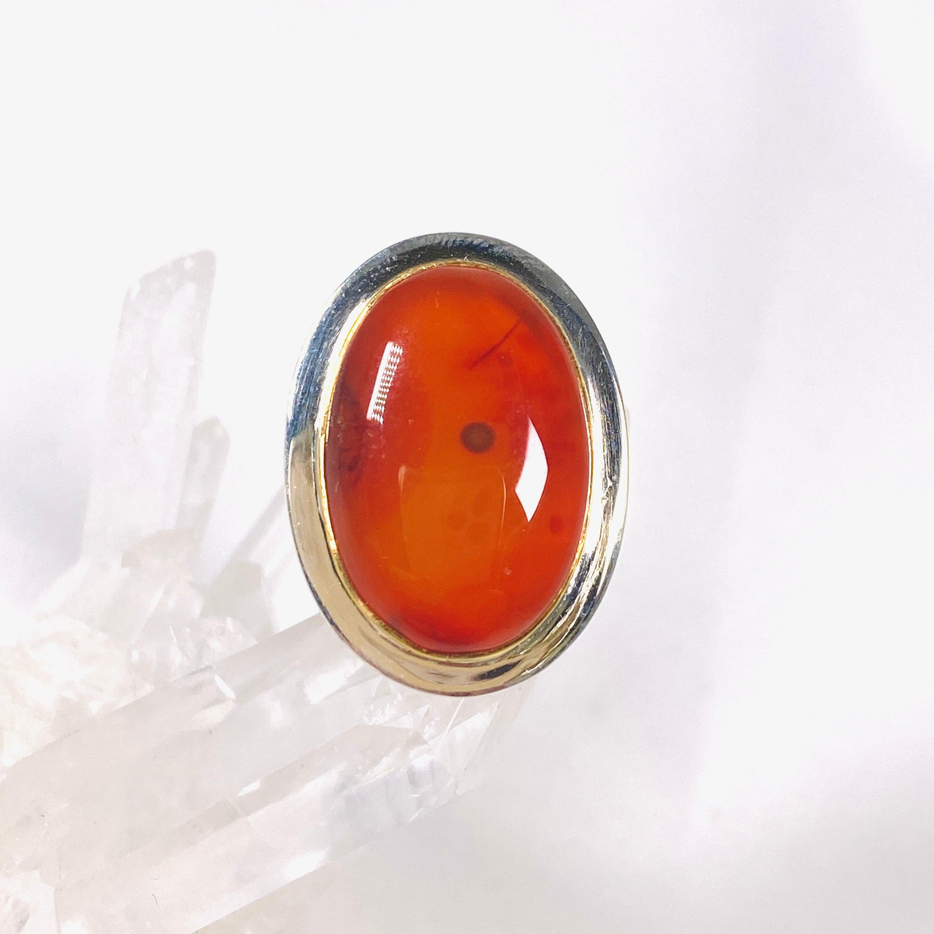Natural Carnelian Oval Ring with 14K Gold Detailing - Size 7 Women's Fashion Jewelry - Perfect for Wedding, Anniversary & Gift Giving