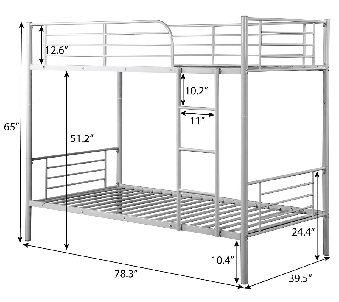 Danxee Heavy Duty Metal Twin Over Twin Bunk Bed Frame with Safety Guard Rails & Flat Ladder - Sturdy for Kids, Teens, Adults (Silver) | Perfect for Small Bedrooms, Dorm Rooms & Space-Saving Kids' Rooms