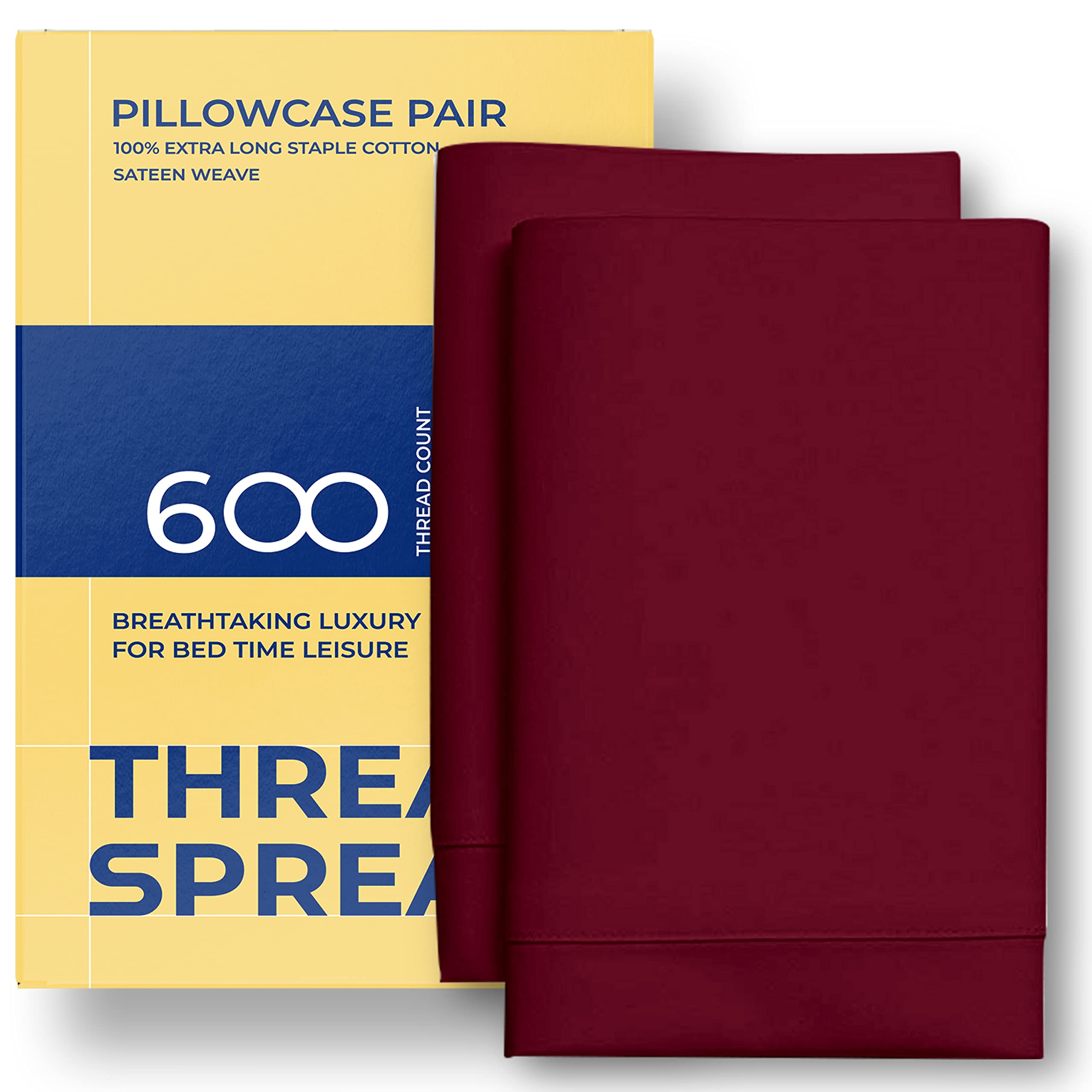 600 Thread Count 100% Egyptian Cotton King Pillowcase Set of 2 - Burgundy Luxury Bed Pillow Covers, Long-Staple Combed Pure Natural Cotton for Soft & Silky Sleep - Perfect for Master Bedroom, Guest Room or Hotel Use