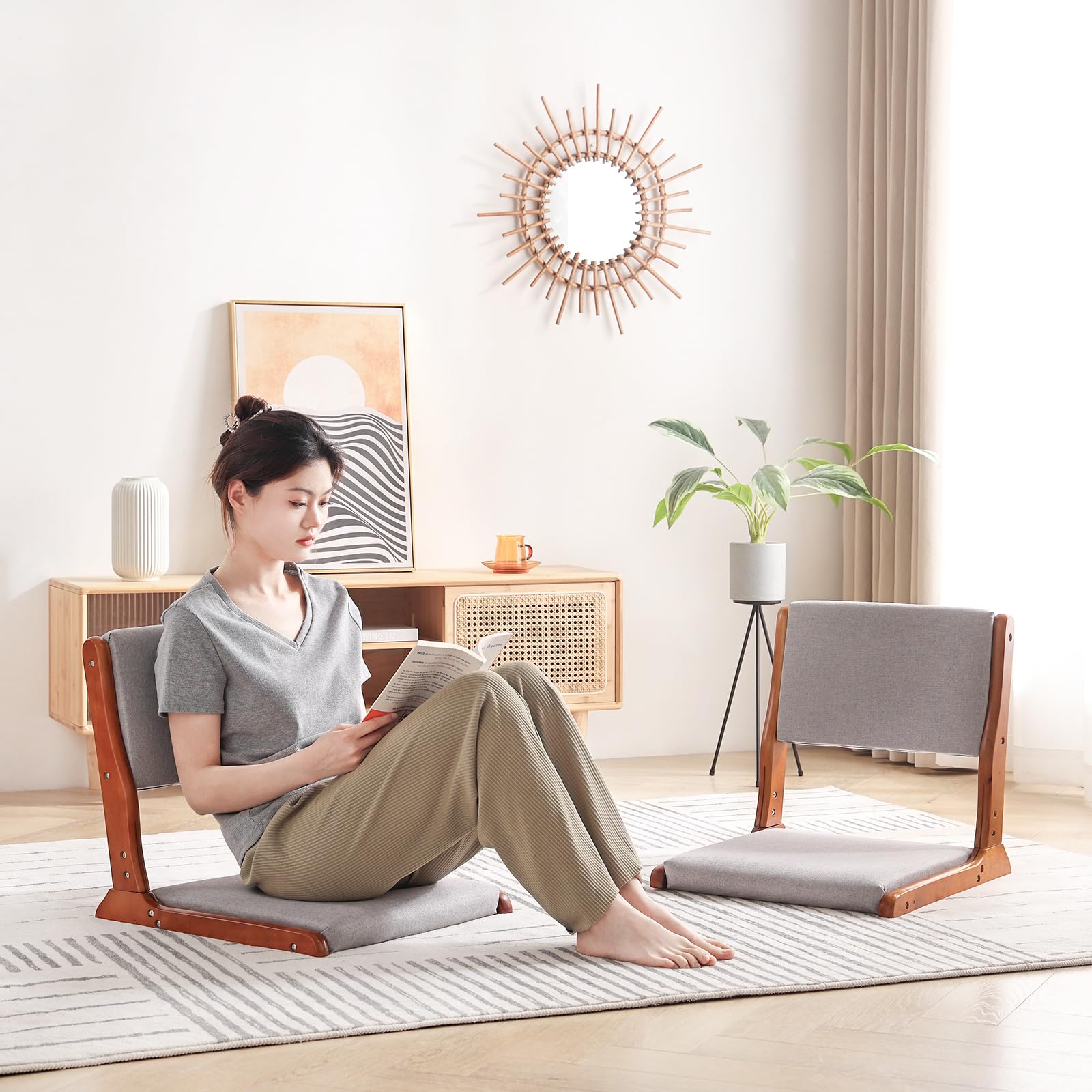 Foldable Tatami Floor Chair - Japanese Style Wooden Legless Backrest with Cushion - Meditation & Accent Seating for Bay Window, Living Room & Zen Decor - Walnut Grey