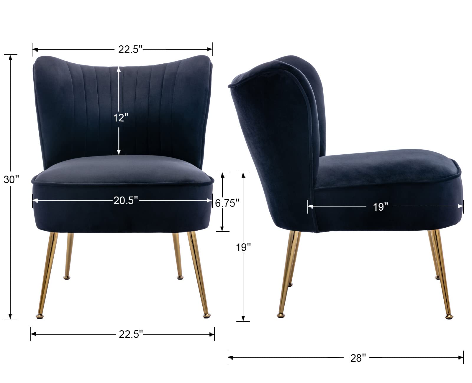 Velvet Accent Chairs Set of 2 - Mid-Century Modern Upholstered Side Chairs with Golden Legs, Armless Wingback Slipper Chairs for Living Room, Guest Room & Bedroom - Comfy Corner Seating for Home Decor, Black