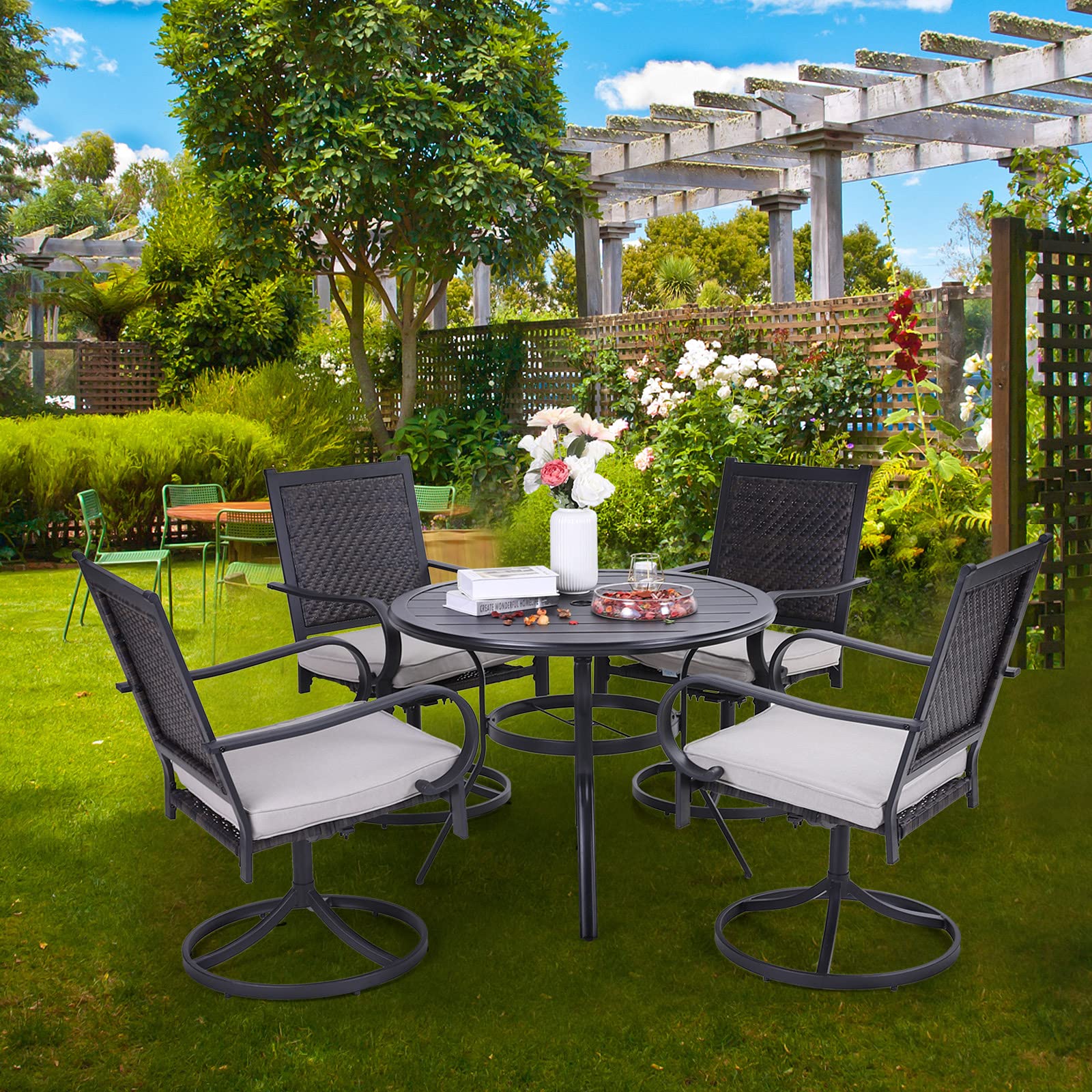 Sophia & William 5-Piece Outdoor Patio Dining Set - Wicker Rattan Furniture with Cushioned Chairs & Round Metal Umbrella Table for Garden, Backyard, Lawn (Perfect for Outdoor Entertaining & Al Fresco Dining)