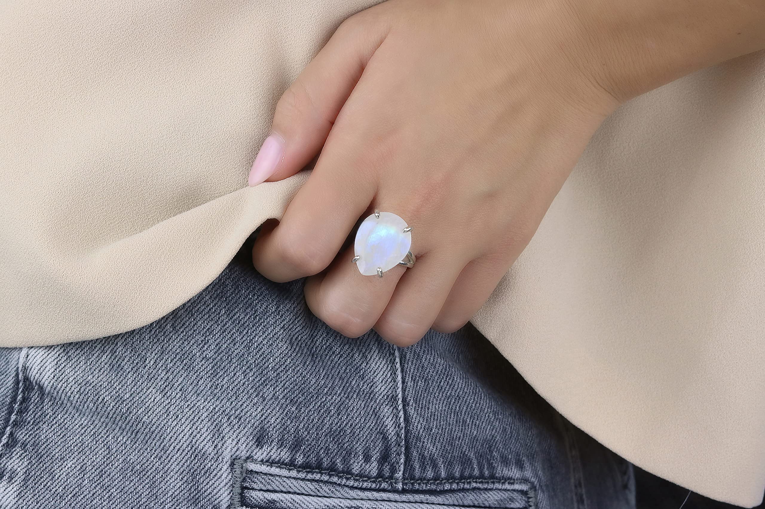 Artisan Pear Moonstone Sterling Silver Ring for Women - June Birthstone, Gemstone & Costume Jewelry - Available in All Sizes & Materials - Perfect for Cocktail Parties, Weddings & Everyday Elegance