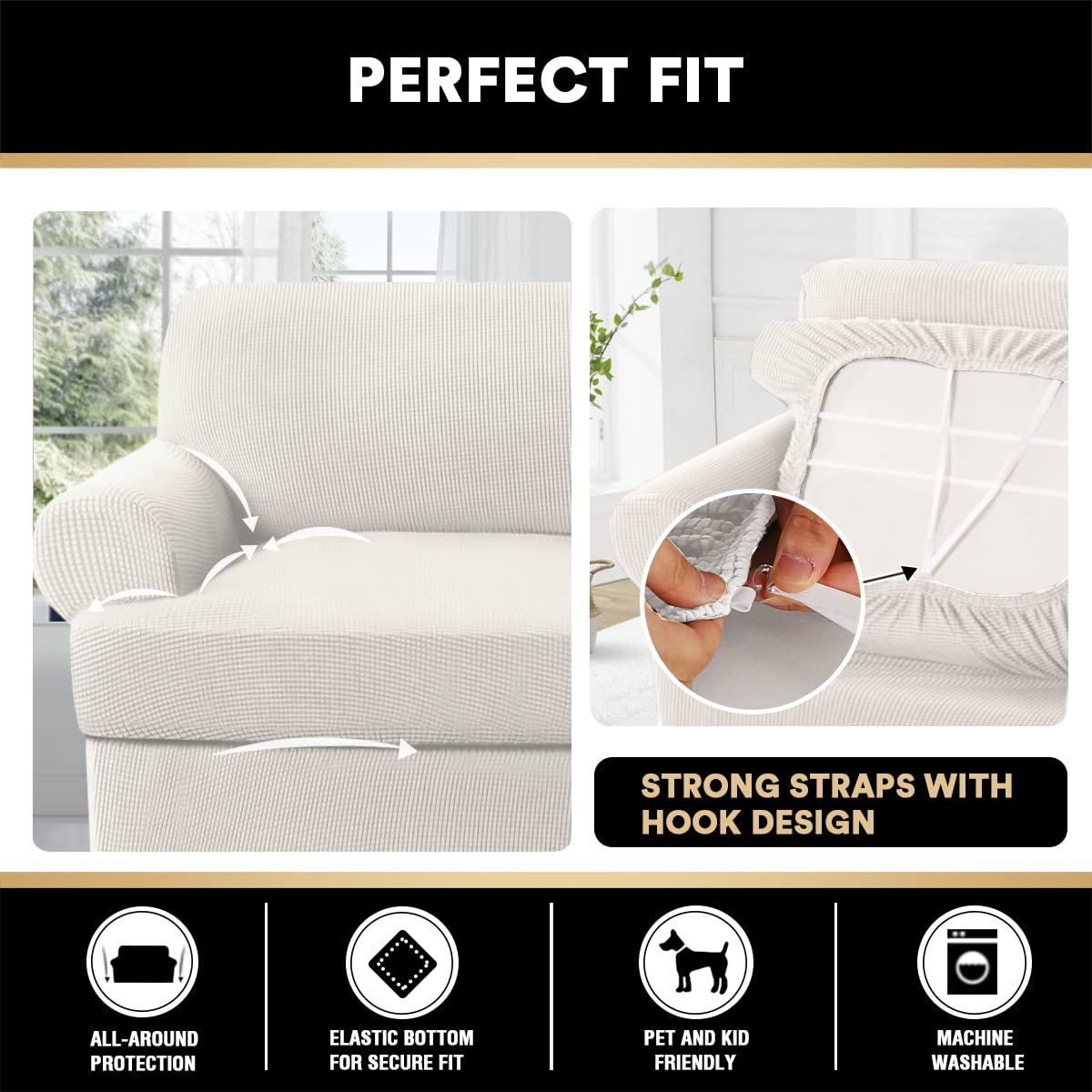 PrinceDeco 2-Pack Stretch Armchair Slipcovers with T-Cushion Cover - Soft Machine Washable Furniture Protectors for Living Room, Office & Dining Chairs - Ivory