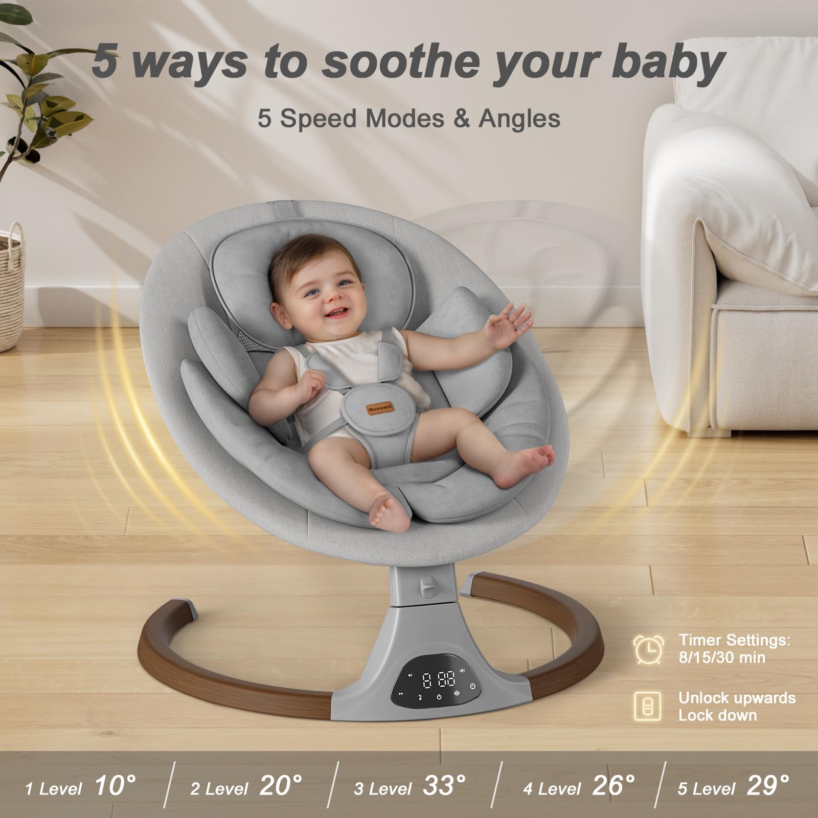 Monamii Bluetooth Baby Swing with Music Speaker - 5 Speed Adjustable, Remote Control, Portable Infant Swing for Indoor & Outdoor Use - Perfect for Nursery, Travel & Soothing Fussy Babies (Light Grey)