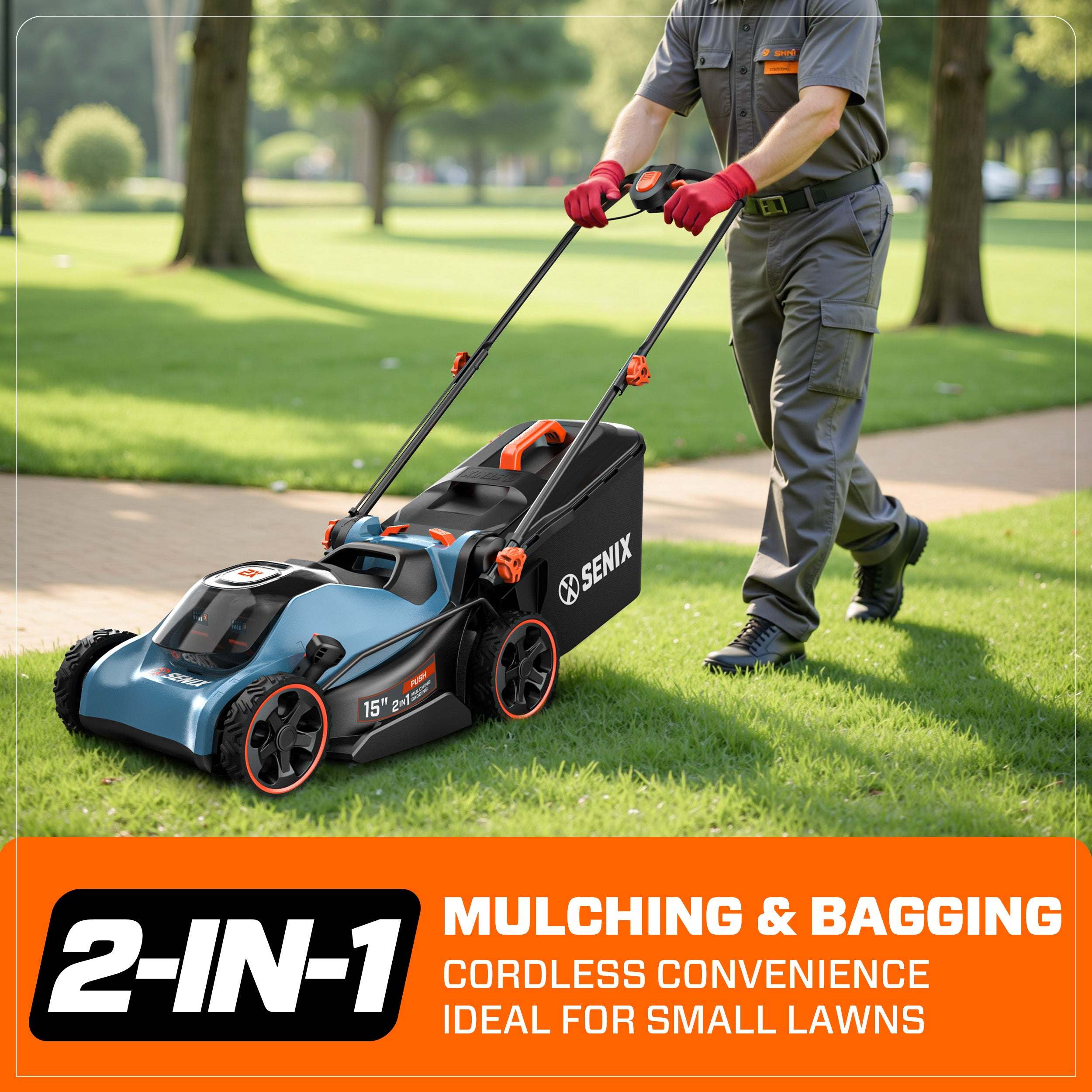 SENIX 40V Max Brushless Cordless Electric Push Lawn Mower - 2-in-1 Bagging & Mulching with 2x 4.0Ah Batteries & Charger - Perfect for Small to Medium Yards & Eco-Friendly Lawn Care