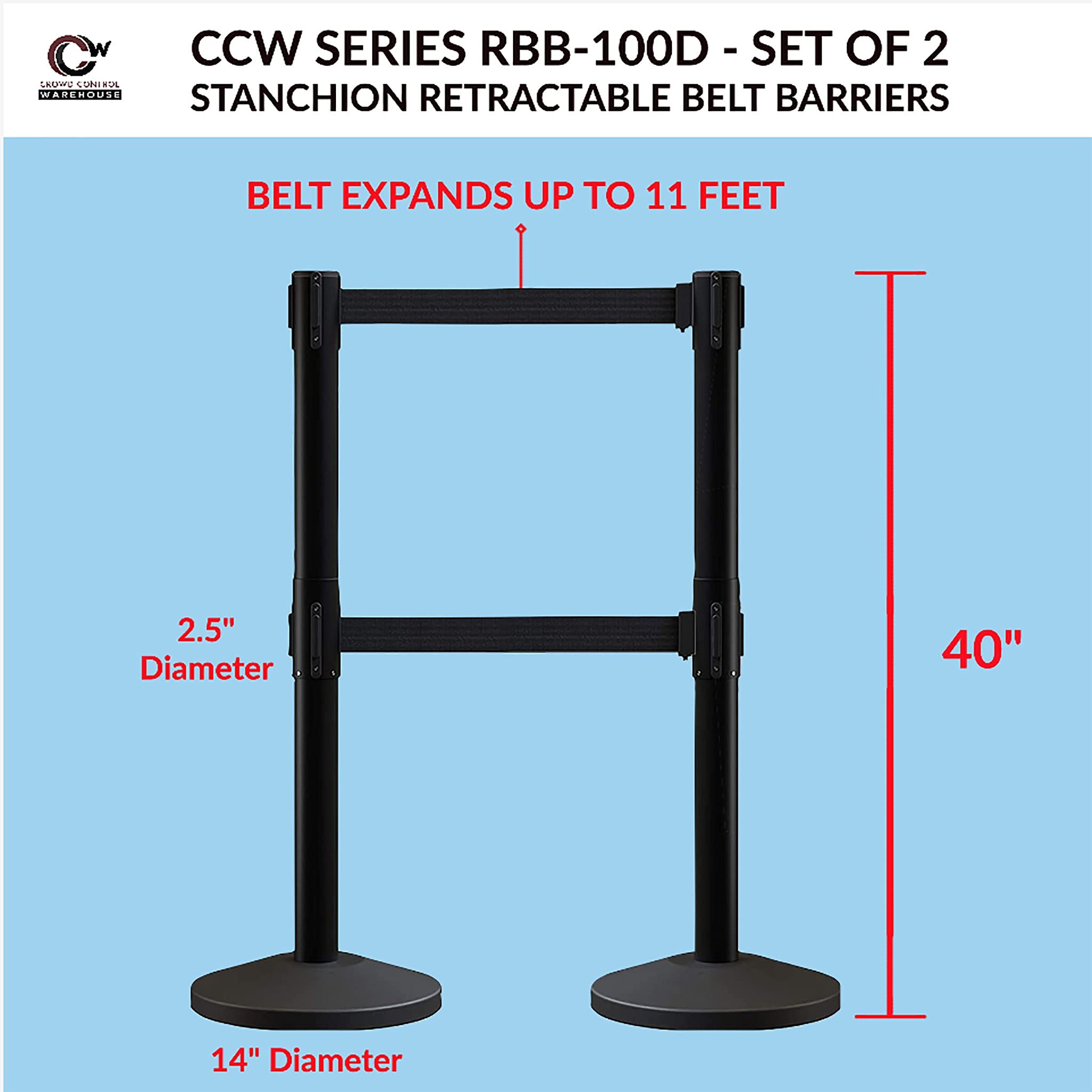 CCW Set of 2 Retractable Belt Barriers with Sloped Base - 11ft Black Dual Belt & Satin Stainless Steel Post - Perfect for Crowd Control in Retail Stores, Events, and Queue Management