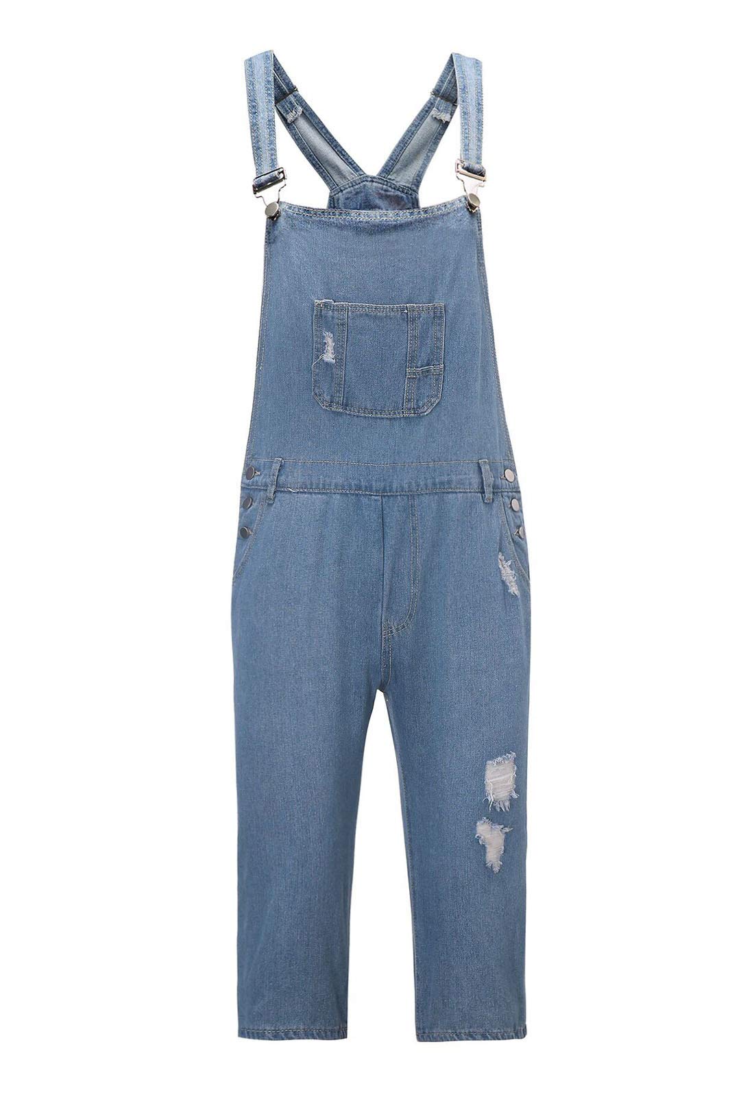 Flygo Men's Bib Overalls Shorts - Ripped Denim Jumpsuit Romper for Casual Wear | Durable Workwear & Summer Outdoor Activities