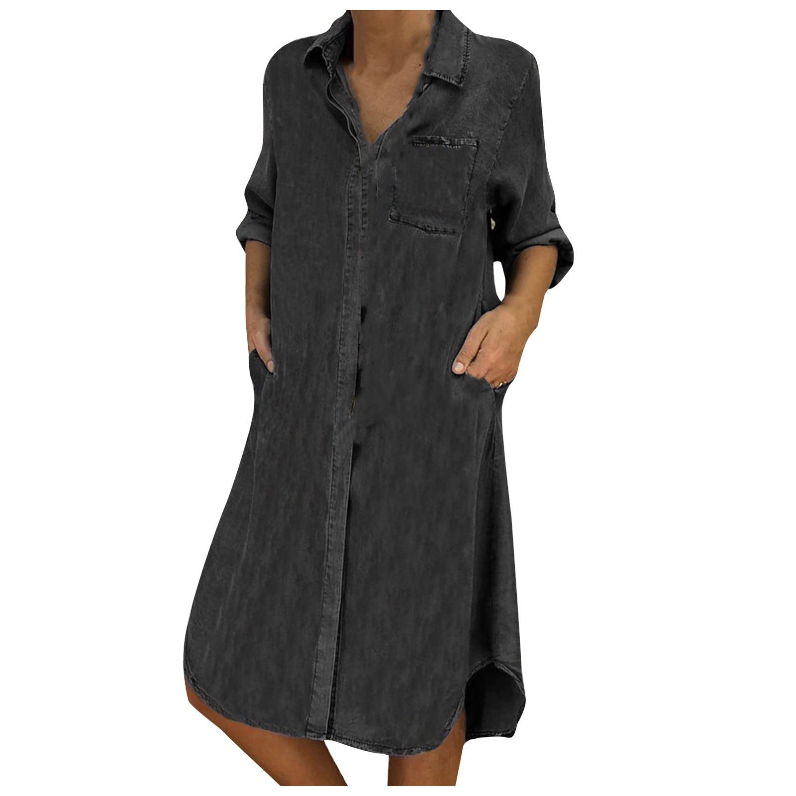 Women's Denim Shirt Dress - Summer Button Down 3/4 Sleeve V-Neck Mini Dress with Pockets | Slim & Loose Fit Jean Dress for Casual Outings, Beach Cover-Up, and Date Night Outfits