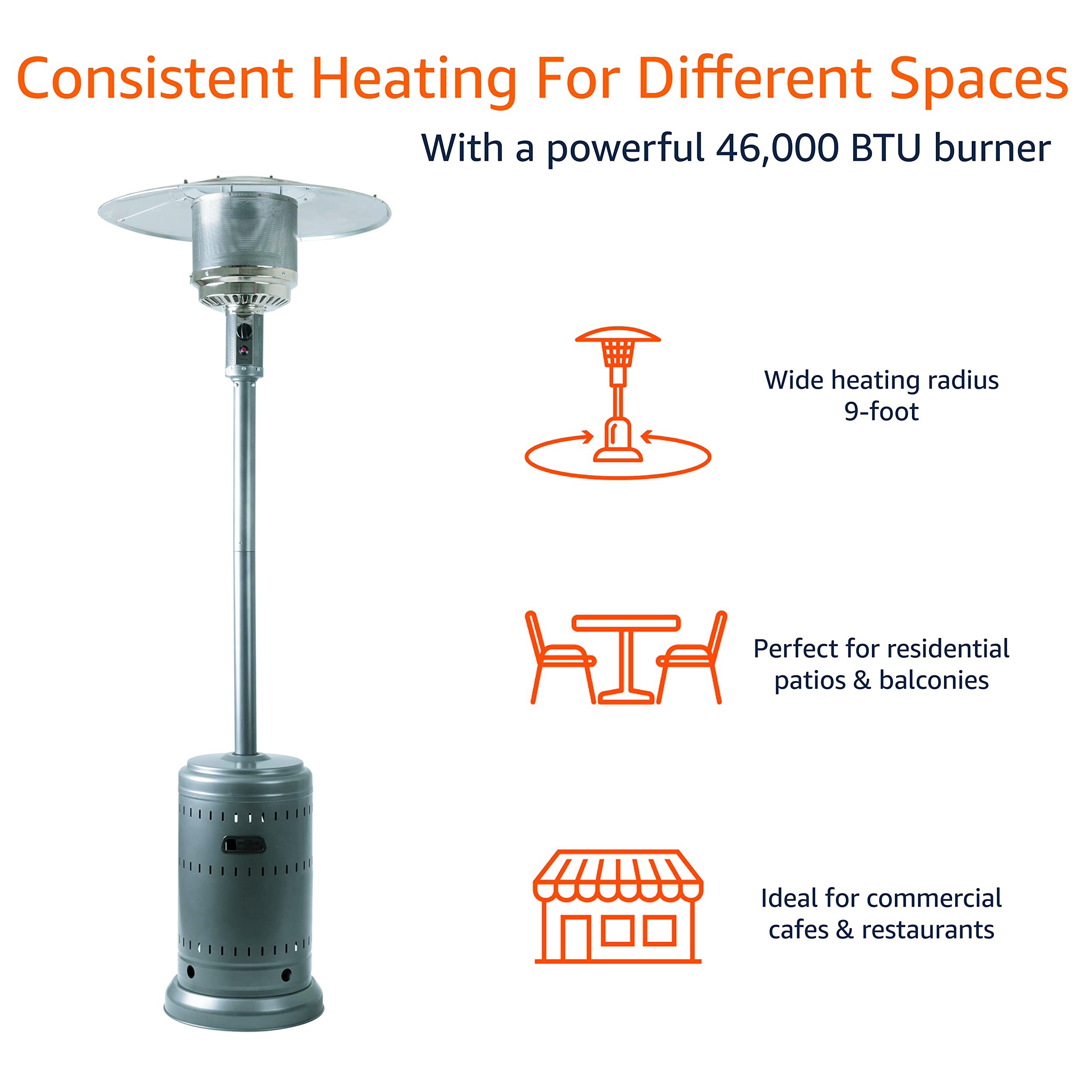 Amazon Basics Slate Grey Commercial Patio Heater with Stand - Outdoor Gas Heater & Waterproof Cover Set for Patio, Deck, Restaurant, and Backyard Use