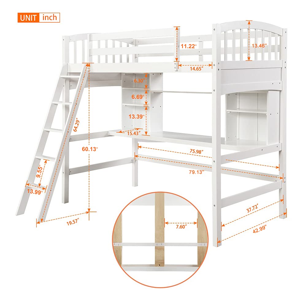 **Twin Size Pinewood Loft Bed Frame with Built-in Desk & Storage Shelves - Sturdy Bedroom Furniture with Guardrails & Removable Inclined Ladder (White) - Perfect for Kids' Rooms, Dorms & Small Spaces**