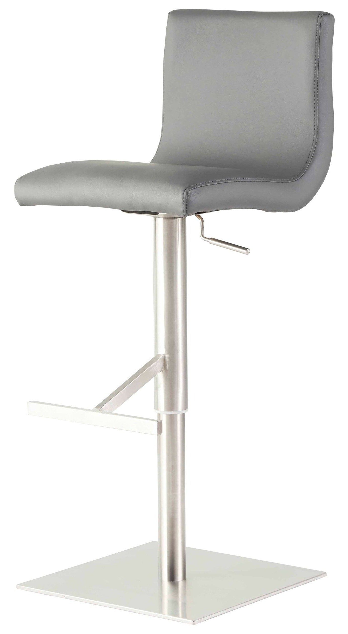 Scott Adjustable Bar Stool - Gray Leather Seat with Brushed Stainless Steel Base - Perfect for Kitchen Islands, Home Bars & Modern Dining Areas